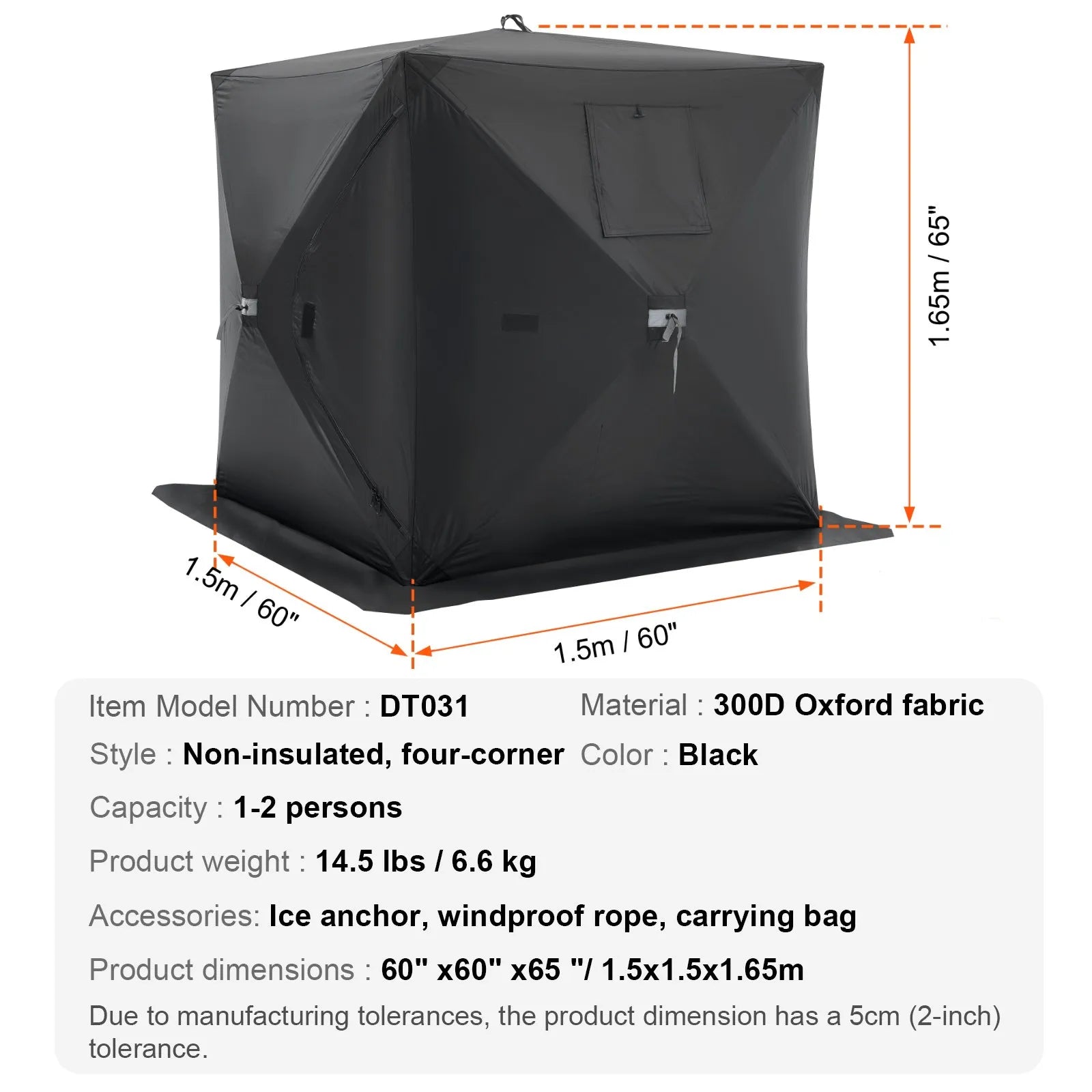 VEVOR Portable Ice Shelter, 1-2 Person Pop-Up Ice Fishing Tent, 24 Square Feet Fishable Area, Ice Shanty for Winter Fishing, Waterproof Oxford Ice Cube with Anchors/Ropes/Carrying Bag, 60"x60", Black 