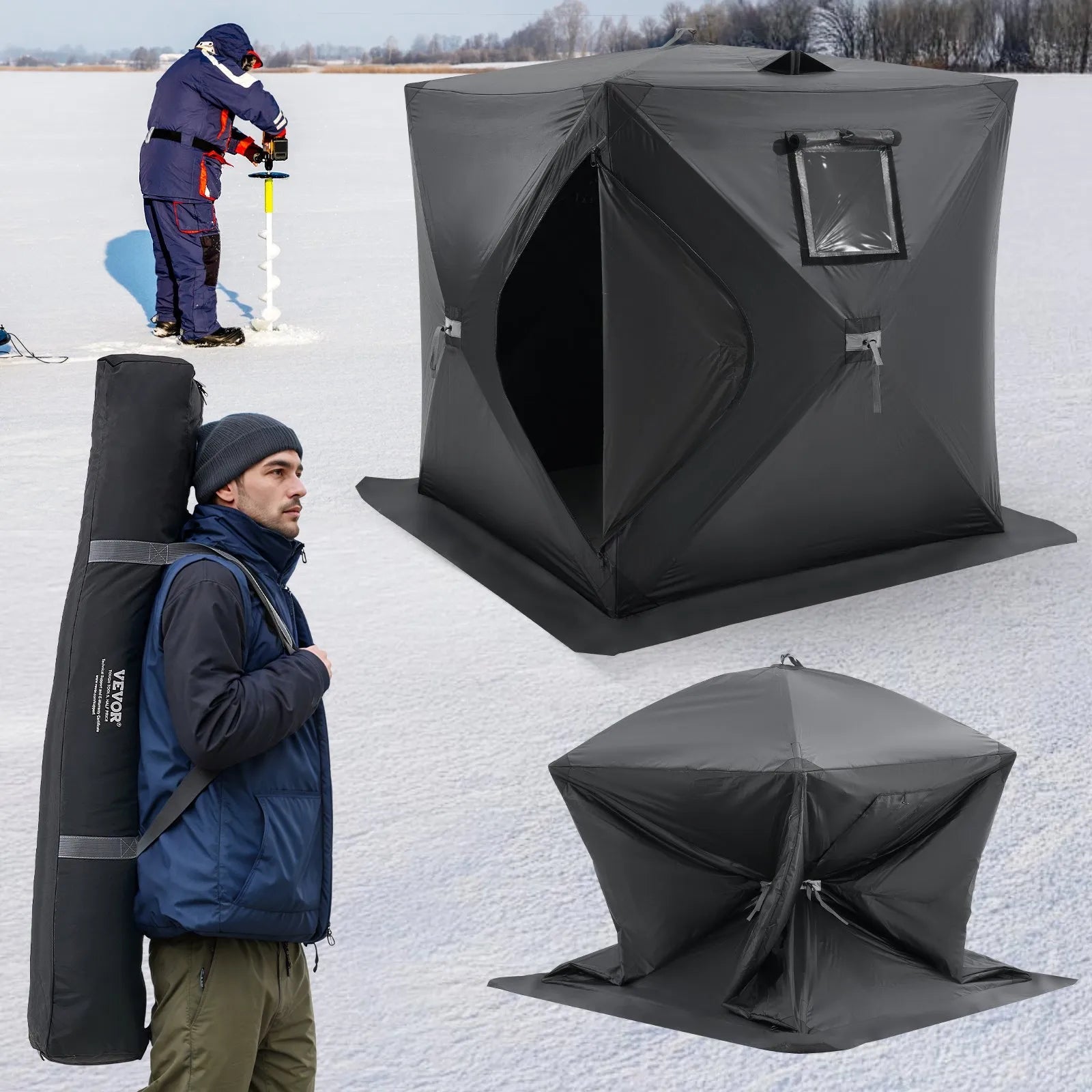 VEVOR Portable Ice Shelter, 1-2 Person Pop-Up Ice Fishing Tent, 24 Square Feet Fishable Area, Ice Shanty for Winter Fishing, Waterproof Oxford Ice Cube with Anchors/Ropes/Carrying Bag, 60"x60", Black 