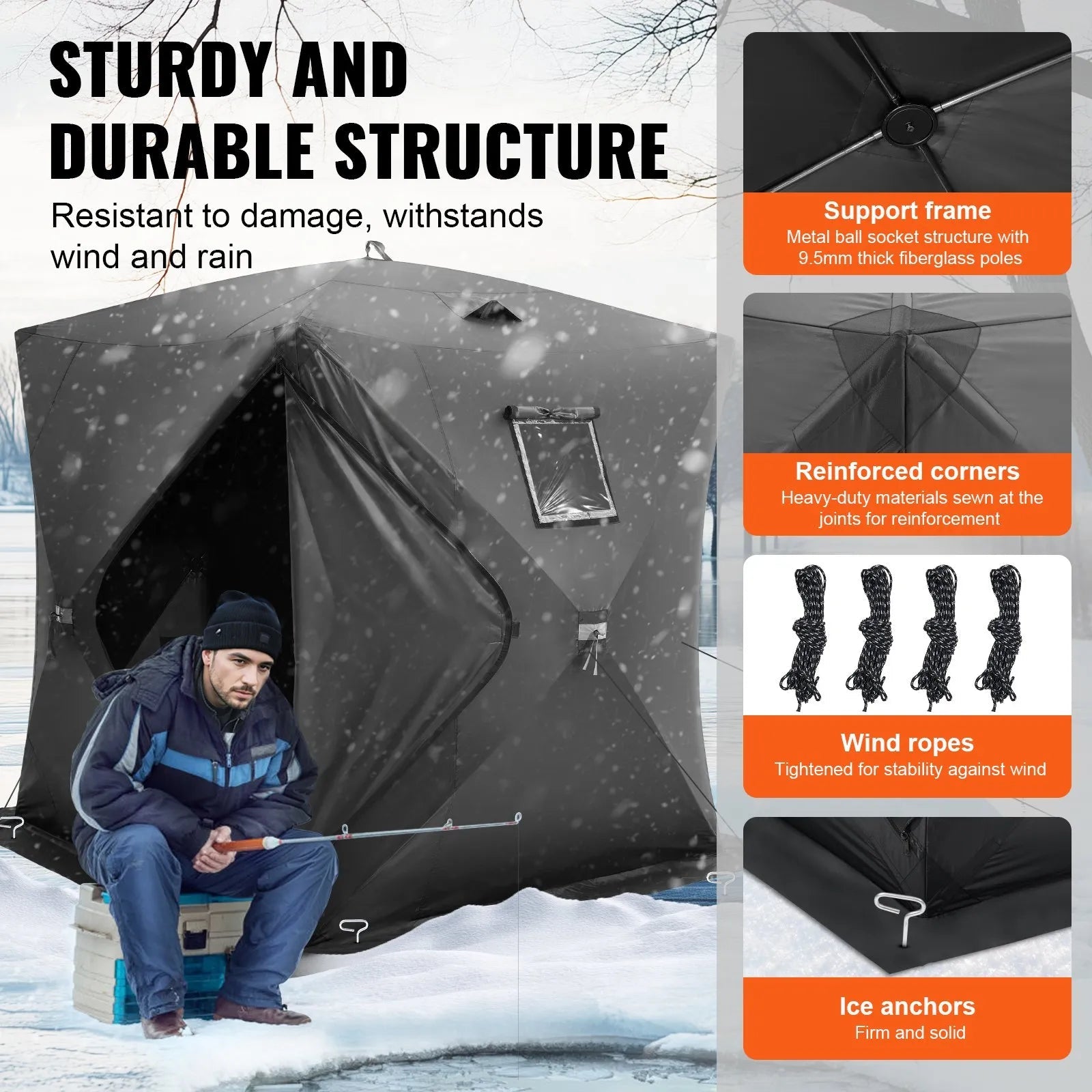 VEVOR Portable Ice Shelter, 3-4 Person Pop-Up Ice Fishing Tent, 35 Square Feet Fishable Area, Ice Shanty for Winter Fishing, Waterproof Oxford Ice Cube with Anchors/Ropes/Carrying Bag, 71"x71", Black 