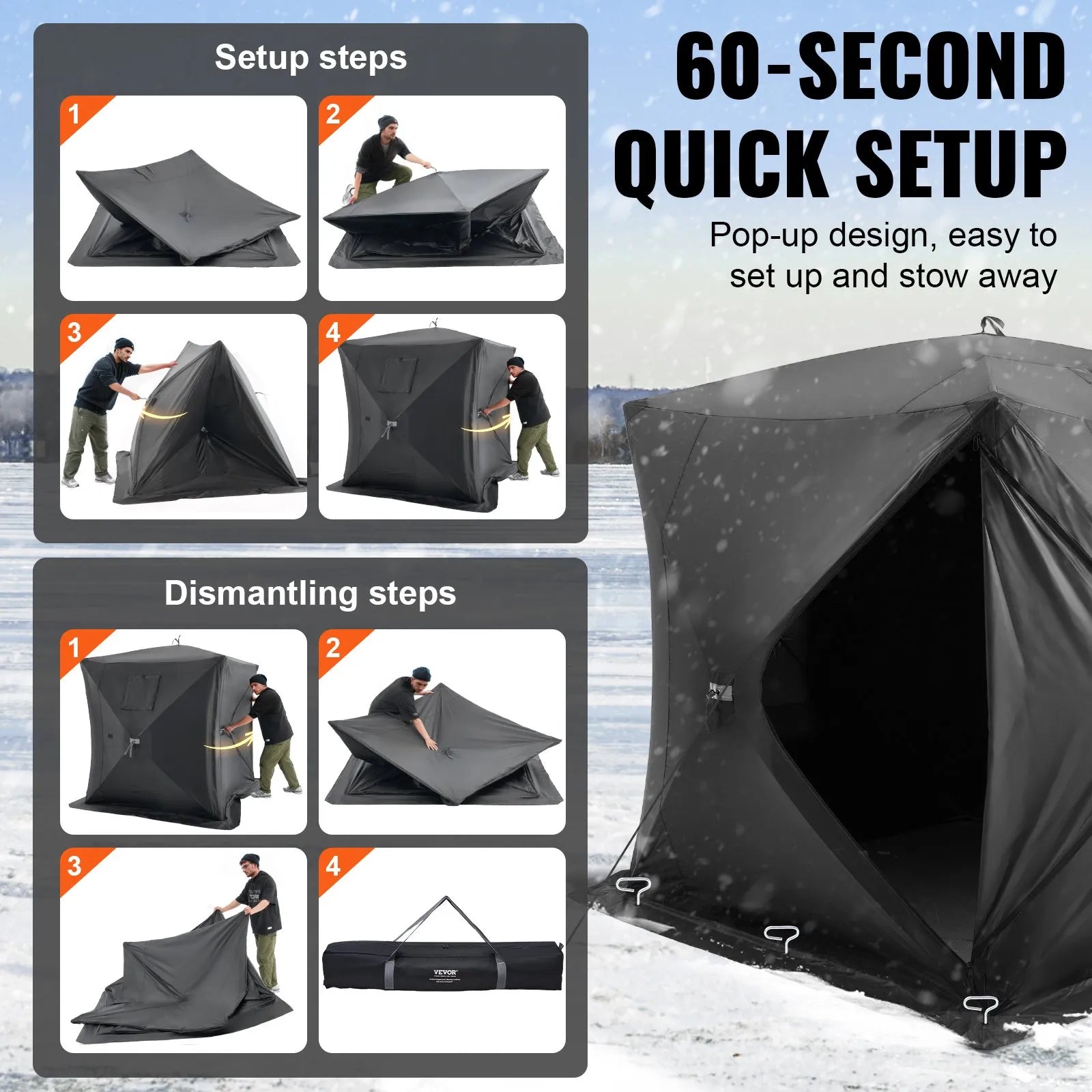 VEVOR Portable Ice Shelter, 3-4 Person Pop-Up Ice Fishing Tent, 35 Square Feet Fishable Area, Ice Shanty for Winter Fishing, Waterproof Oxford Ice Cube with Anchors/Ropes/Carrying Bag, 71"x71", Black 