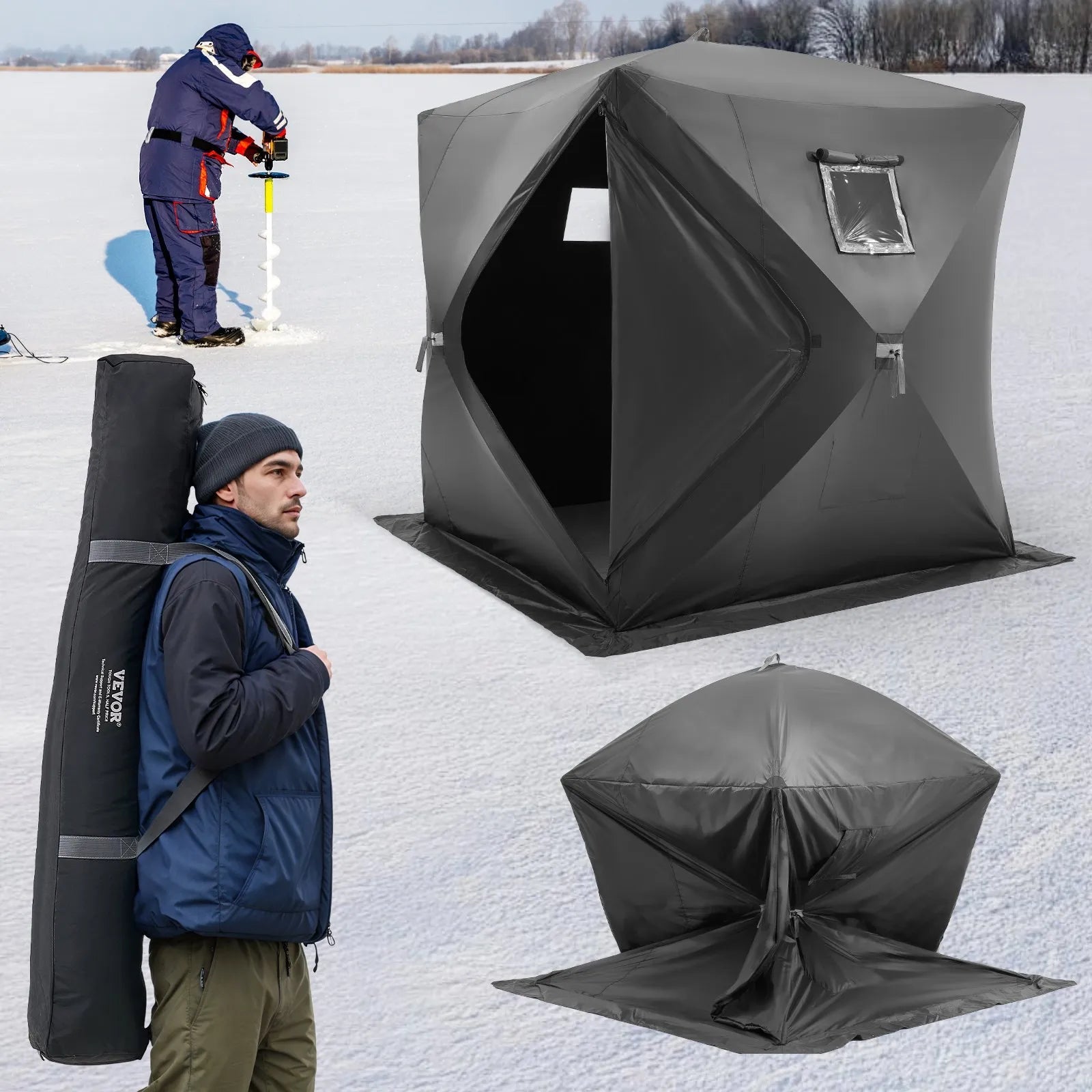 VEVOR Portable Ice Shelter, 3-4 Person Pop-Up Ice Fishing Tent, 35 Square Feet Fishable Area, Ice Shanty for Winter Fishing, Waterproof Oxford Ice Cube with Anchors/Ropes/Carrying Bag, 71"x71", Black 