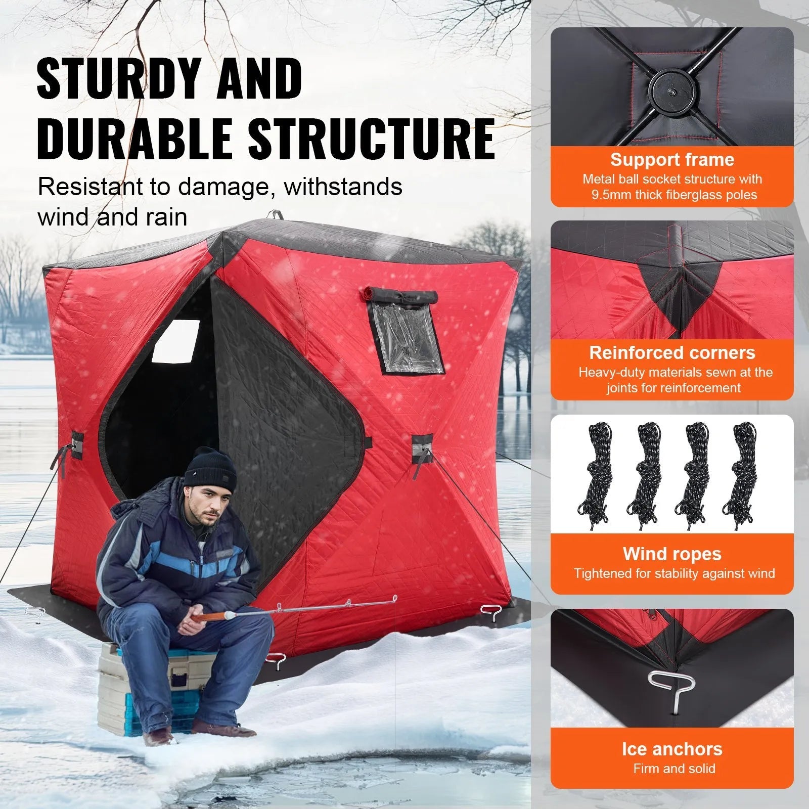 VEVOR Portable Ice Shelter, 3-4 Person Insulated Pop-Up Ice Fishing Tent, 35 Square Feet Fishable Area, Thermal Ice Shanty for Winter Fishing, Ice Cube with Anchors, Ropes, Carrying Bag, 71"x71", Red 