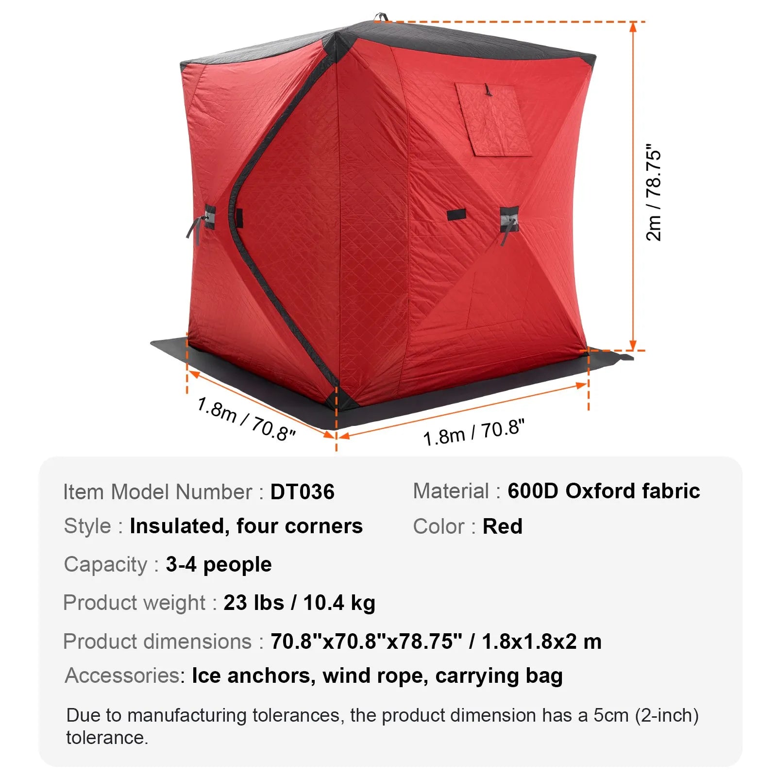 VEVOR Portable Ice Shelter, 3-4 Person Insulated Pop-Up Ice Fishing Tent, 35 Square Feet Fishable Area, Thermal Ice Shanty for Winter Fishing, Ice Cube with Anchors, Ropes, Carrying Bag, 71"x71", Red 