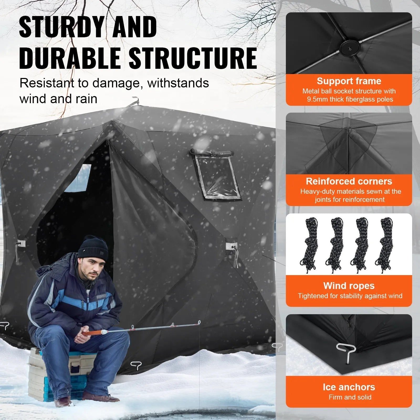 VEVOR Portable Ice Shelter, 3-4 Person Pop-Up Ice Fishing Tent, 43 Square Feet Fishable Area, Ice Shanty for Winter Fishing, Waterproof Oxford Ice Cube with Anchors/Ropes/Carrying Bag, 90"x90", Black 