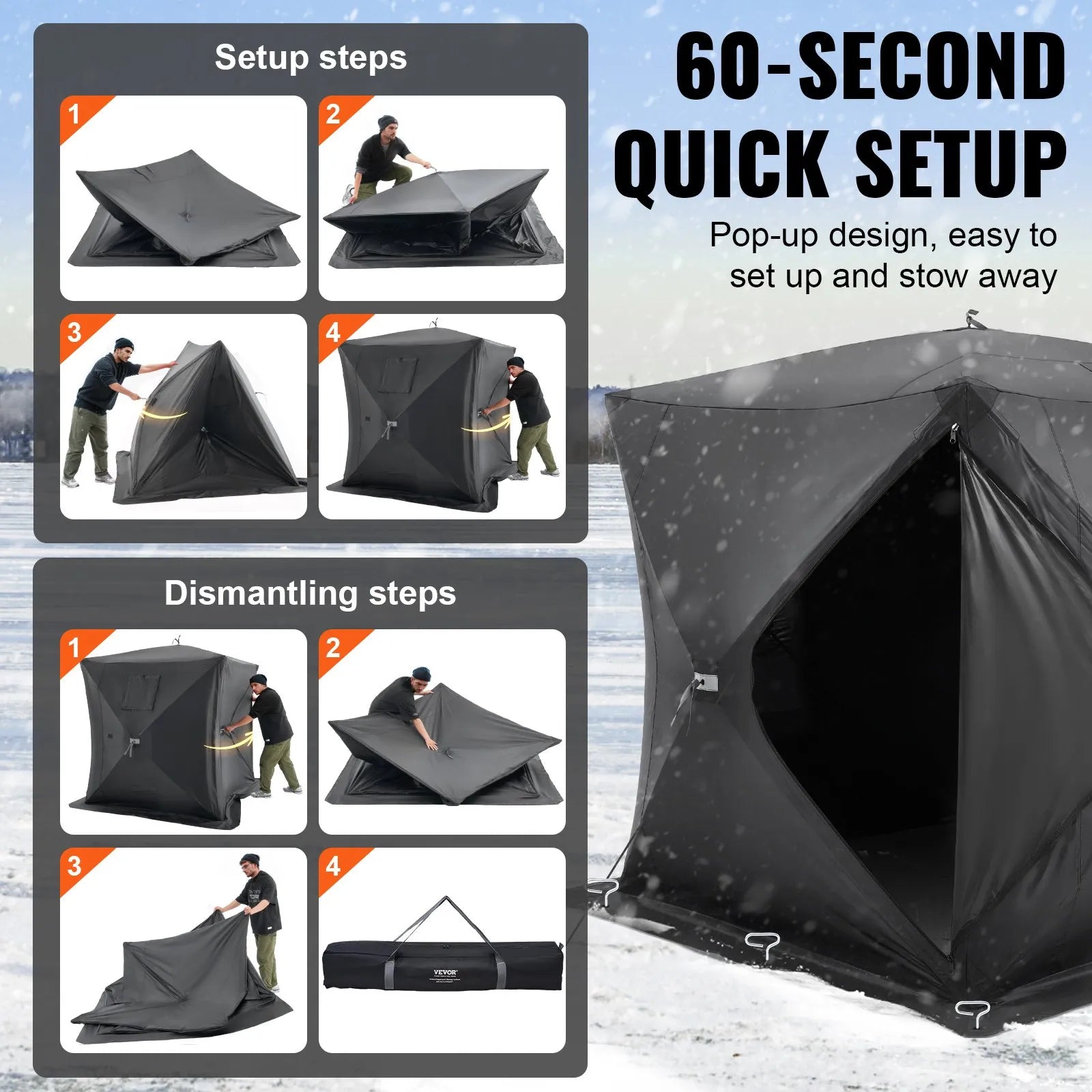 VEVOR Portable Ice Shelter, 3-4 Person Pop-Up Ice Fishing Tent, 43 Square Feet Fishable Area, Ice Shanty for Winter Fishing, Waterproof Oxford Ice Cube with Anchors/Ropes/Carrying Bag, 90"x90", Black 