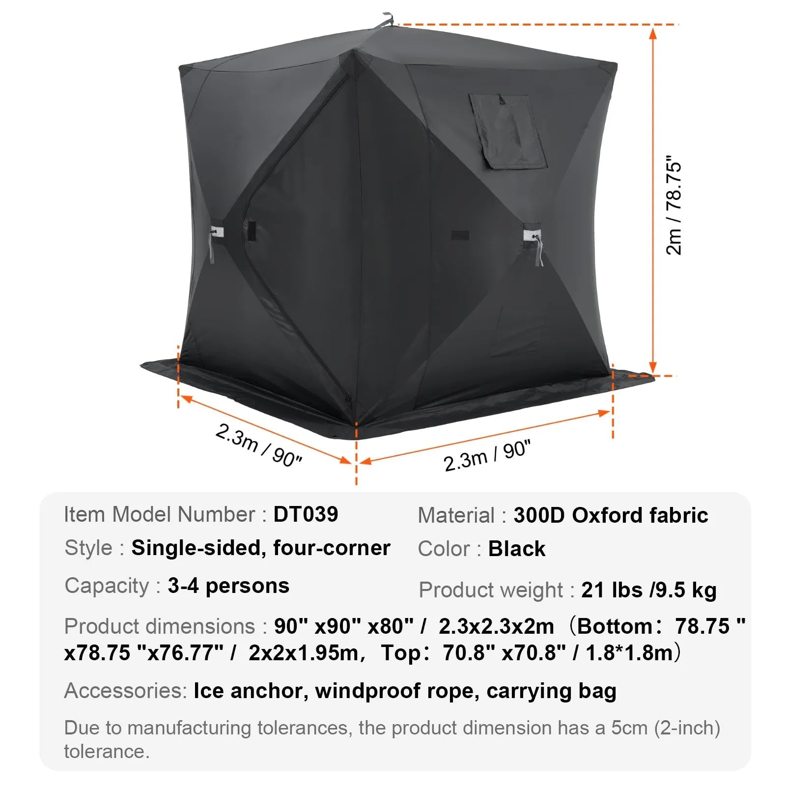 VEVOR Portable Ice Shelter, 3-4 Person Pop-Up Ice Fishing Tent, 43 Square Feet Fishable Area, Ice Shanty for Winter Fishing, Waterproof Oxford Ice Cube with Anchors/Ropes/Carrying Bag, 90"x90", Black 