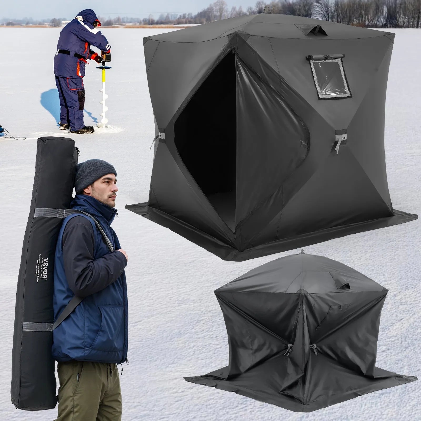 VEVOR Portable Ice Shelter, 3-4 Person Pop-Up Ice Fishing Tent, 43 Square Feet Fishable Area, Ice Shanty for Winter Fishing, Waterproof Oxford Ice Cube with Anchors/Ropes/Carrying Bag, 90"x90", Black 