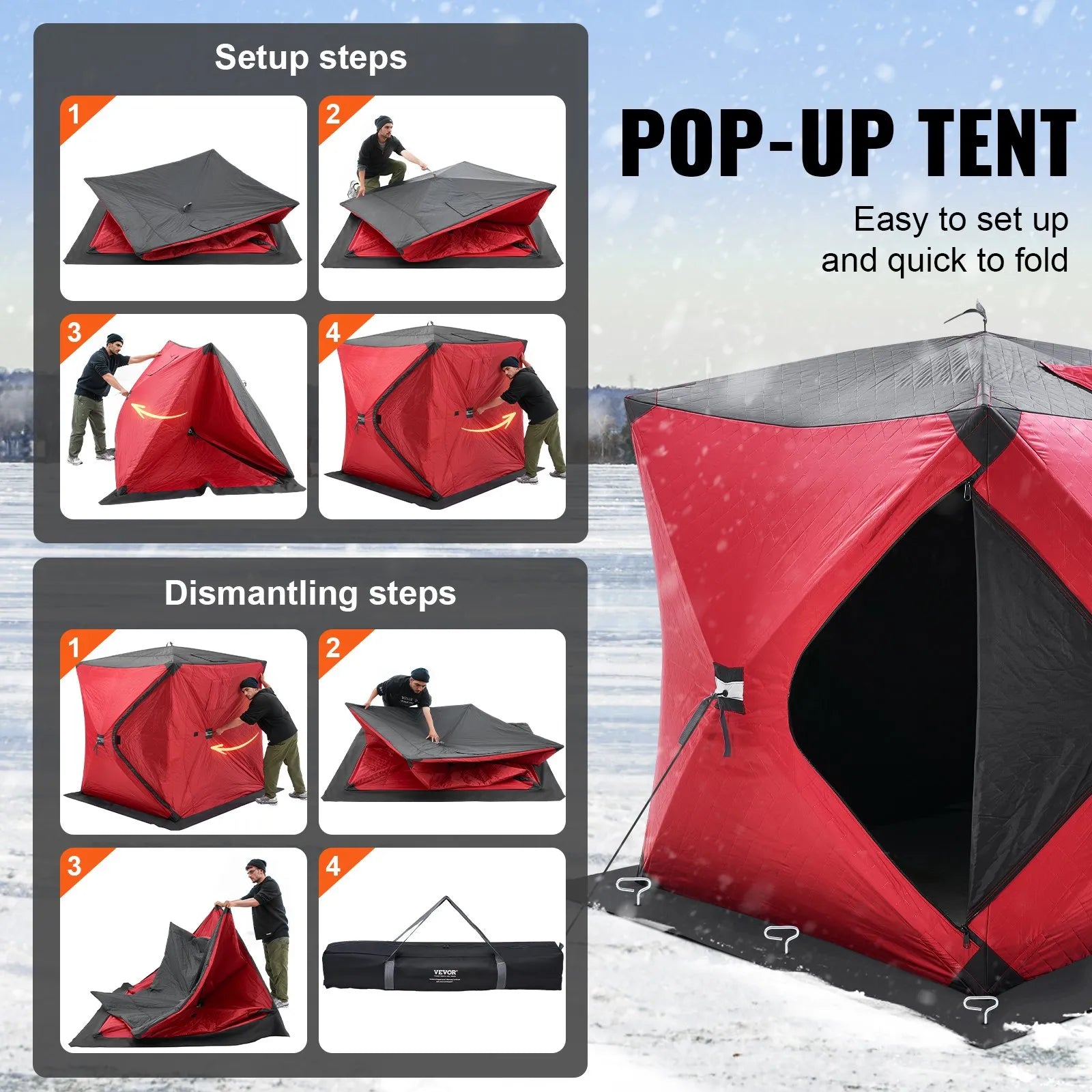 VEVOR Portable Ice Shelter, 1-2 Person Insulated Pop-Up Ice Fishing Tent, 24 Square Feet Fishable Area, Thermal Ice Shanty for Winter Fishing, Ice Cube with Anchors, Ropes, Carrying Bag, 60"x60", Red 