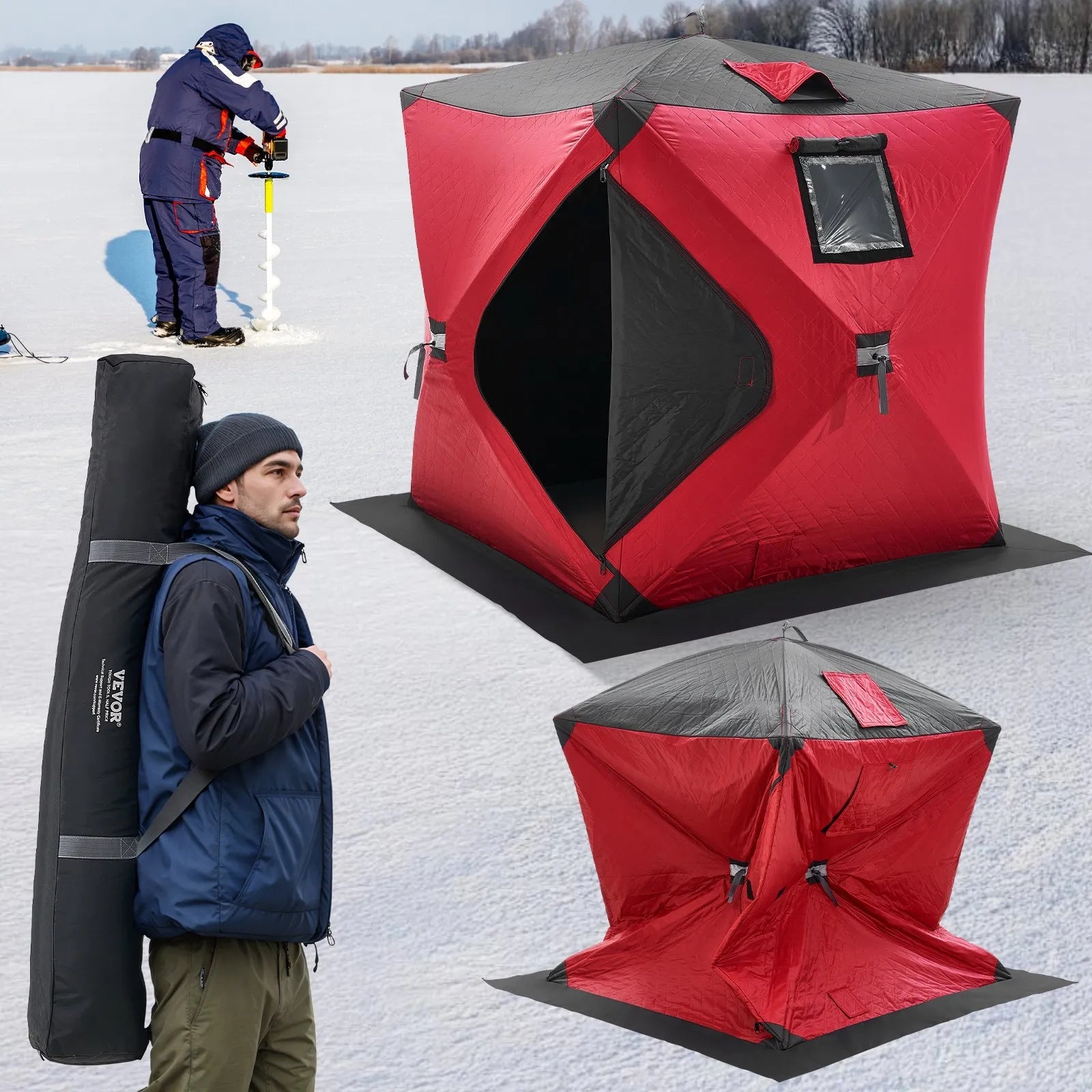 VEVOR Portable Ice Shelter, 1-2 Person Insulated Pop-Up Ice Fishing Tent, 24 Square Feet Fishable Area, Thermal Ice Shanty for Winter Fishing, Ice Cube with Anchors, Ropes, Carrying Bag, 60"x60", Red 