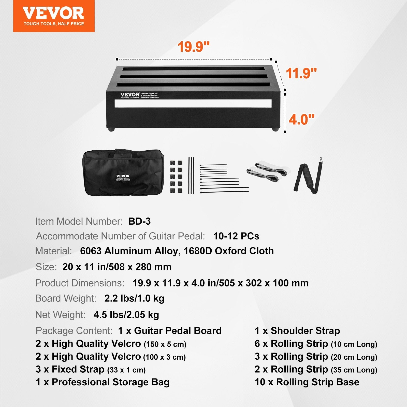 VEVOR Guitar Pedal Board, 20'' x 11'', Aluminum Alloy 2.2 lbs Super Light Guitar Effects PedalBoard, with Carry Bag Tape Fixed Strap Shoulder Strap Rolling Strips, Accommodate 10-12 Guitar Pedals 