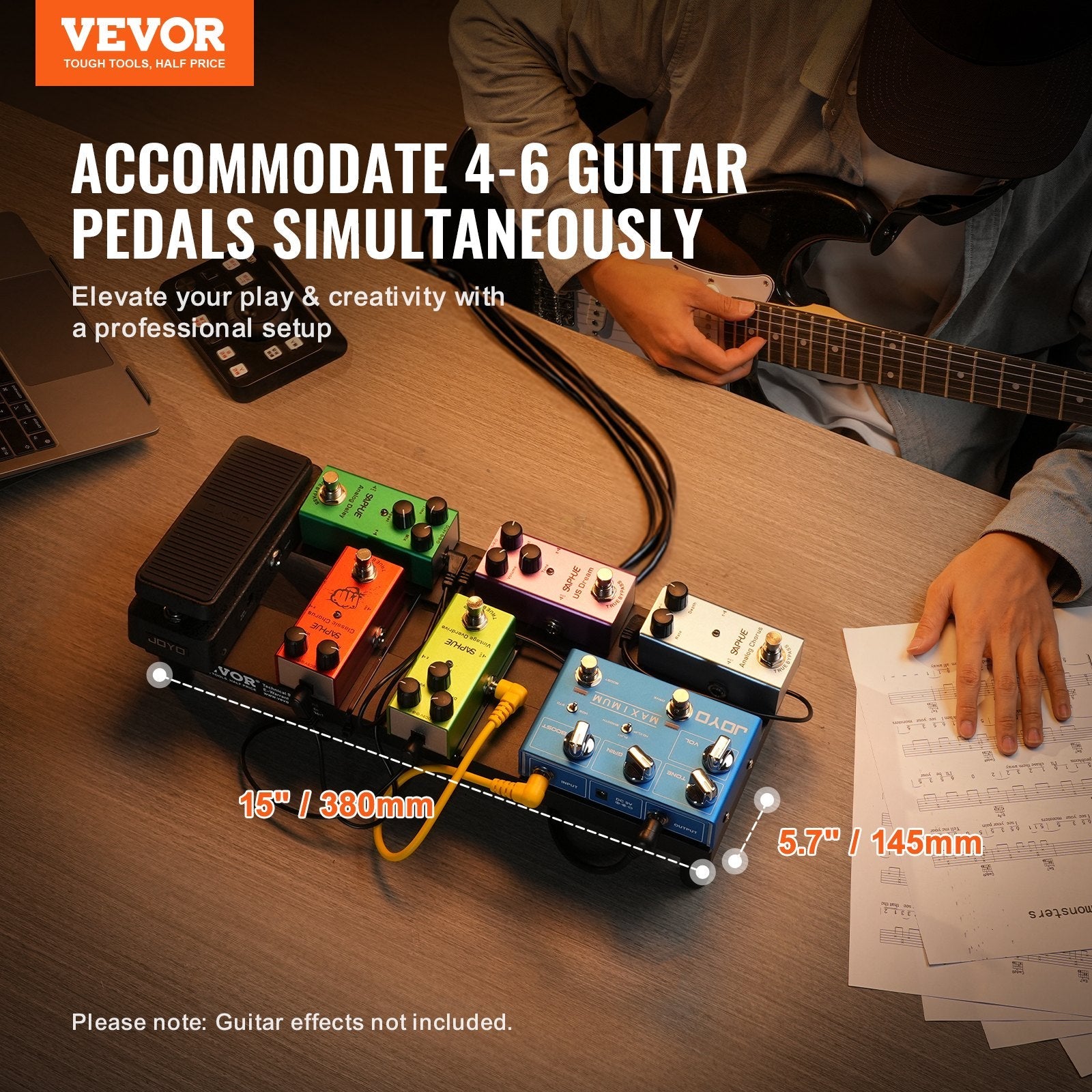 VEVOR Guitar Pedal Board, 15'' x 5.7'', Aluminum Alloy 0.8 lbs Super Light Guitar Effects PedalBoard with Carry Bag High Quality Tape Fixed Strap Shoulder Strap, Accommodate 4-6 Guitar Pedals, Small 