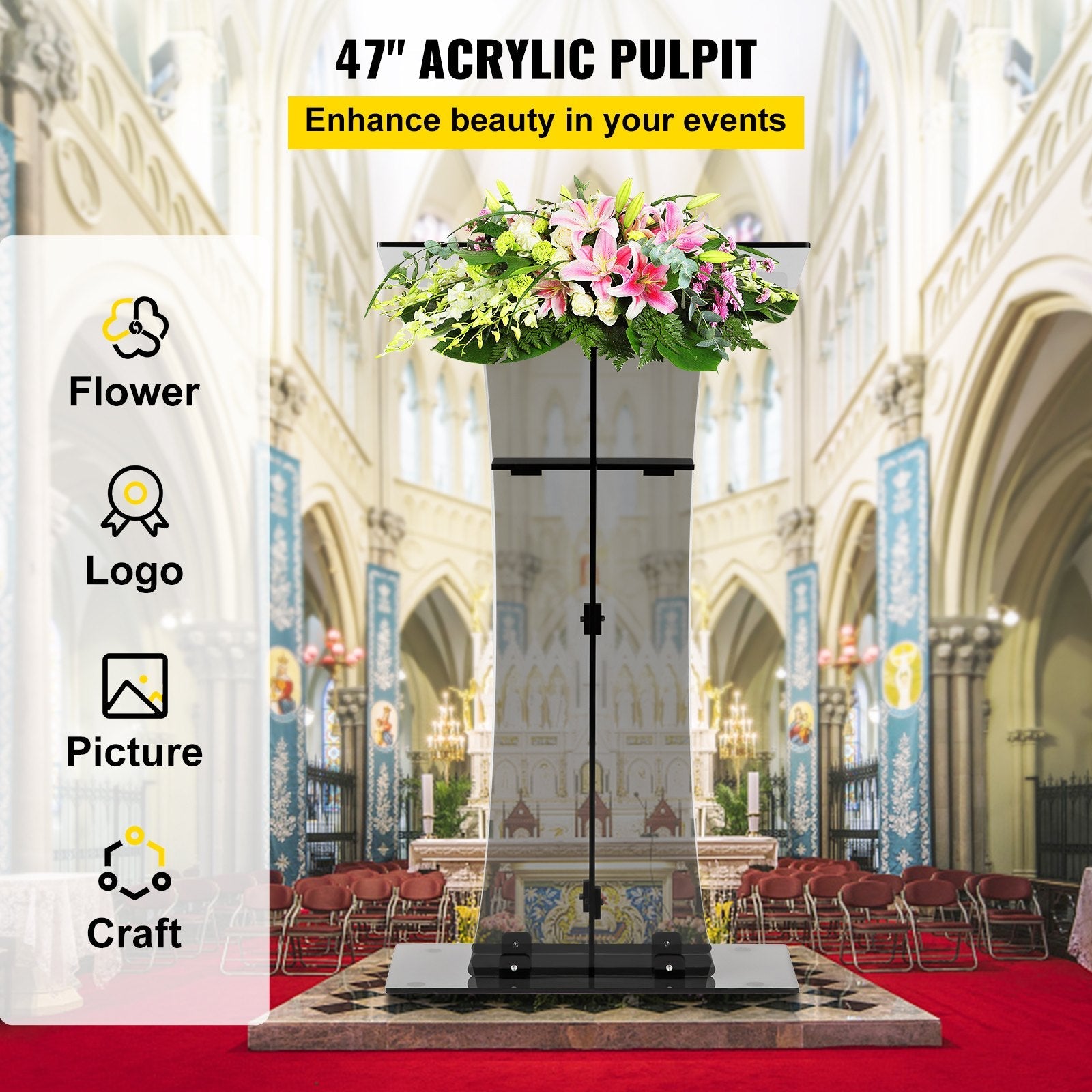 VEVOR Acrylic Pulpit, 47" Tall, Clear Podium Stand w/ Wide Reading Surface & Storage Shelf, Floor-Standing Plexiglass Lectern for Church Office School, Black 