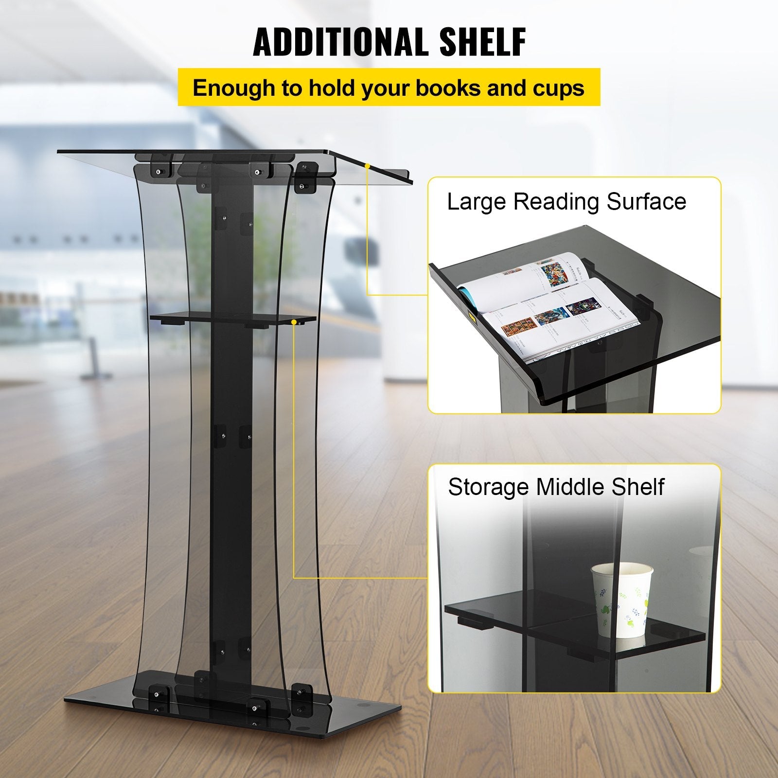 VEVOR Acrylic Pulpit, 47" Tall, Clear Podium Stand w/ Wide Reading Surface & Storage Shelf, Floor-Standing Plexiglass Lectern for Church Office School, Black 
