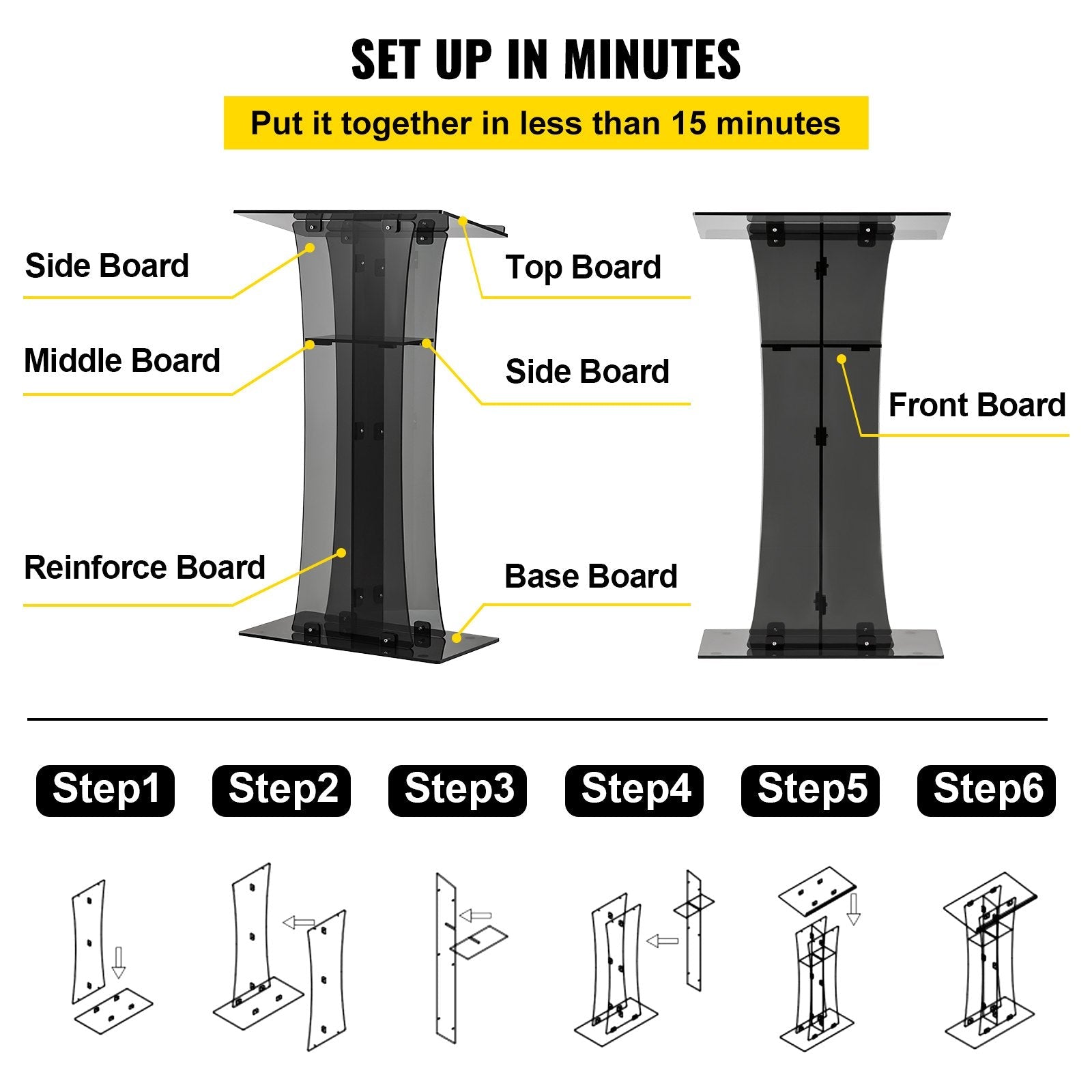 VEVOR Acrylic Pulpit, 47" Tall, Clear Podium Stand w/ Wide Reading Surface & Storage Shelf, Floor-Standing Plexiglass Lectern for Church Office School, Black 