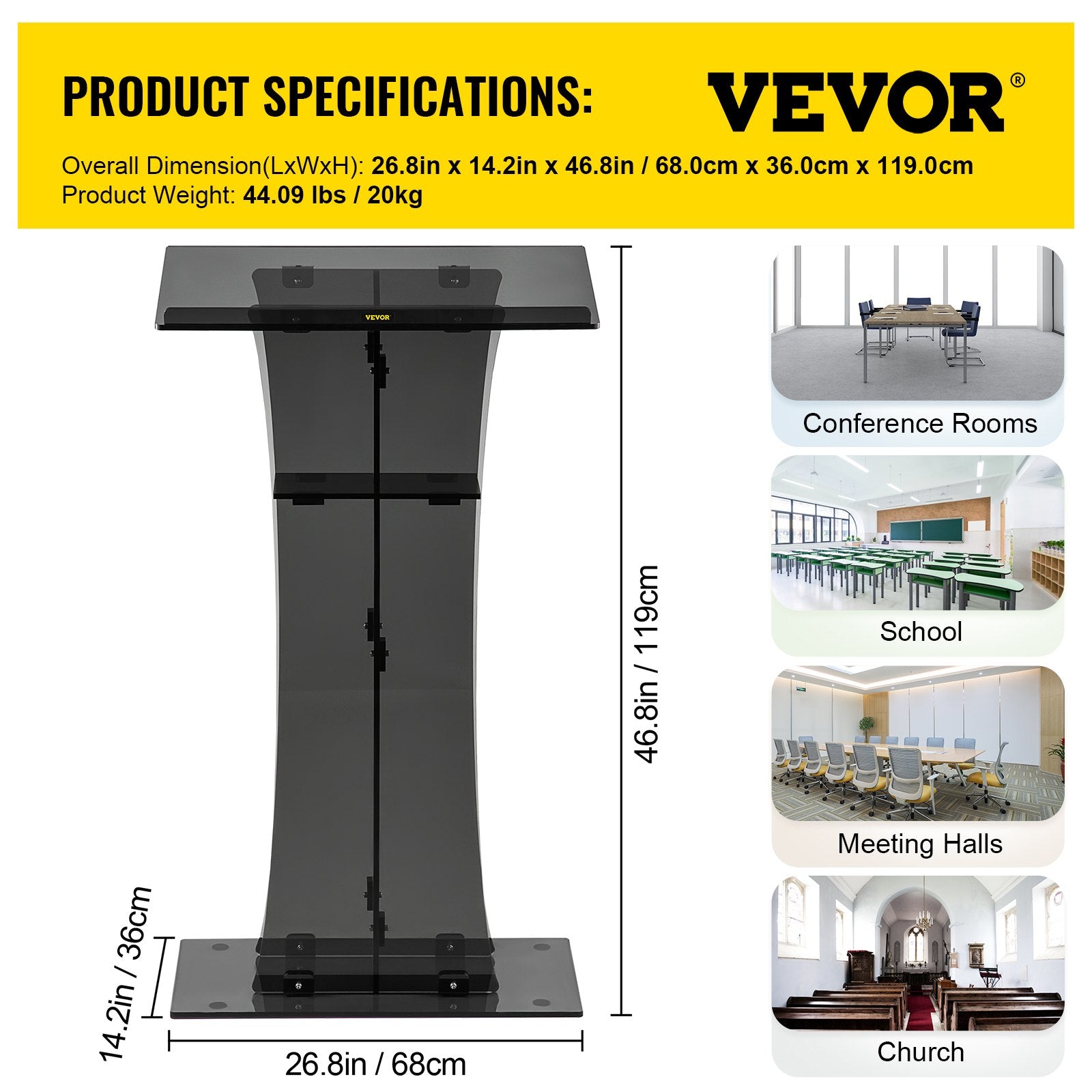VEVOR Acrylic Pulpit, 47" Tall, Clear Podium Stand w/ Wide Reading Surface & Storage Shelf, Floor-Standing Plexiglass Lectern for Church Office School, Black 