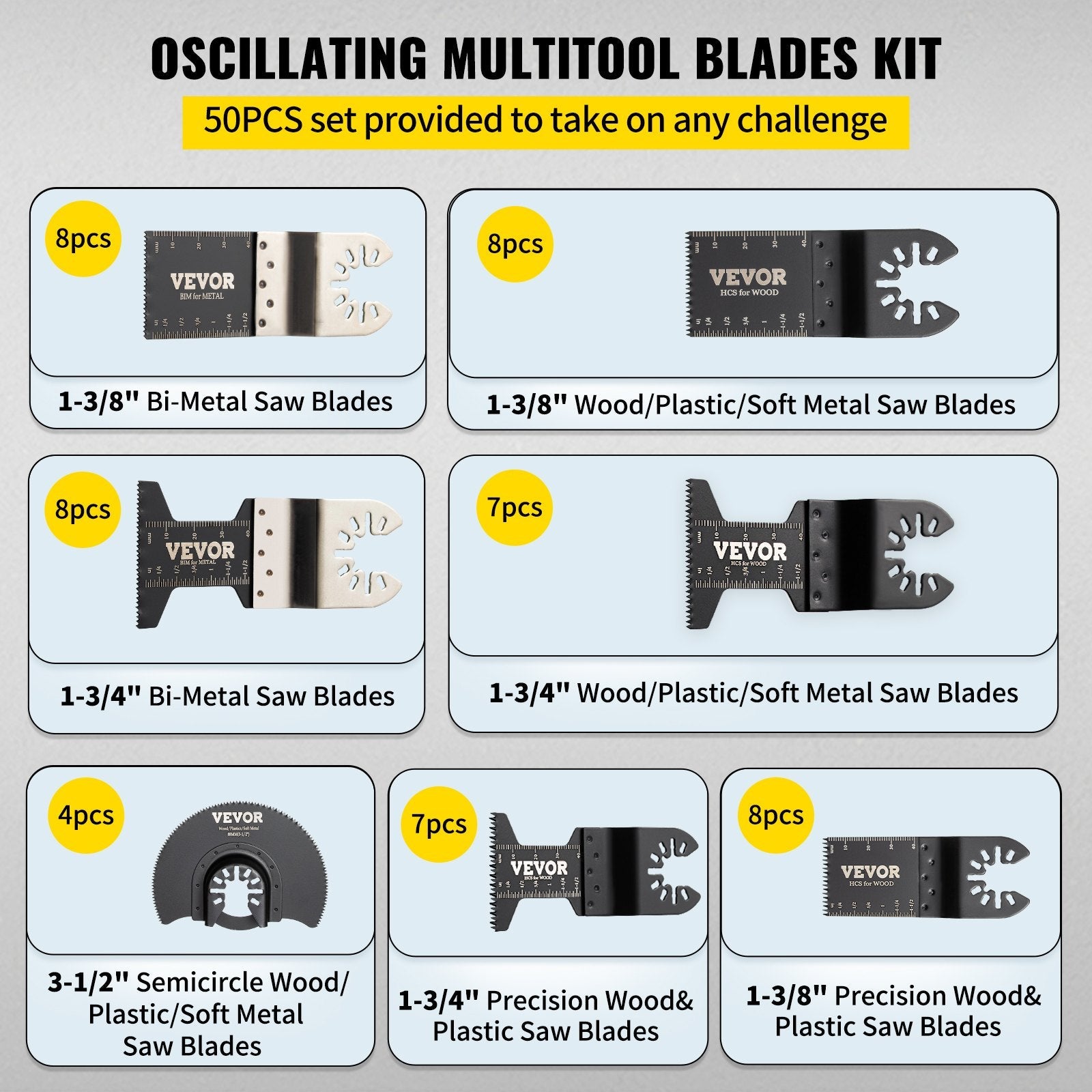 VEVOR 50 PCS Oscillating Saw Blades, Quick Release Multitool Blades Kit, HCS Tool Blades for Wood Plastic Metal Nails Bolts, Compatible with Dewalt Dremel Fein Worx Bosch Makita Milwaukee 