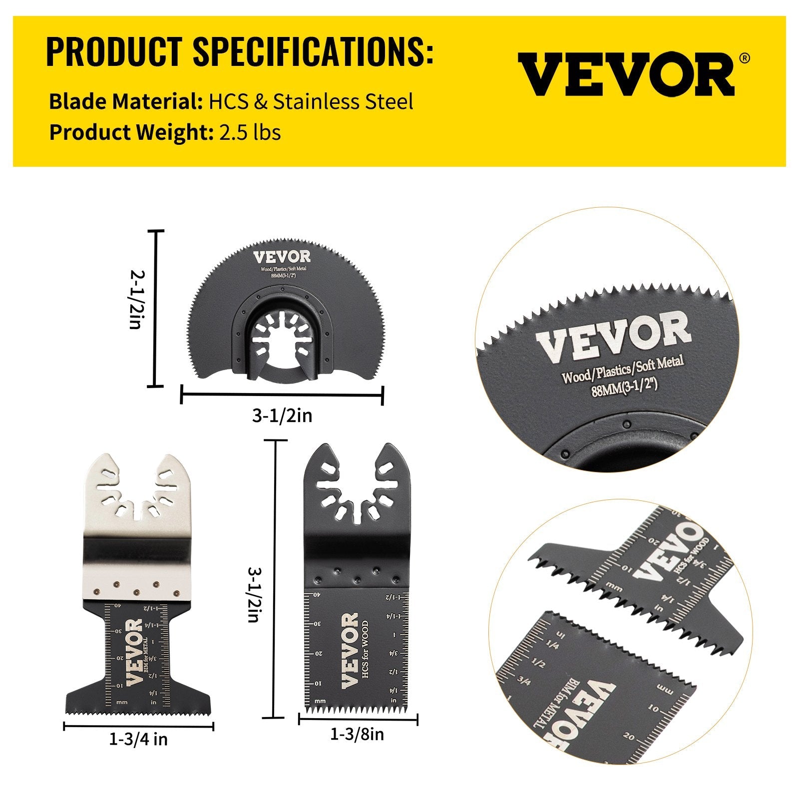 VEVOR 50 PCS Oscillating Saw Blades, Quick Release Multitool Blades Kit, HCS Tool Blades for Wood Plastic Metal Nails Bolts, Compatible with Dewalt Dremel Fein Worx Bosch Makita Milwaukee 