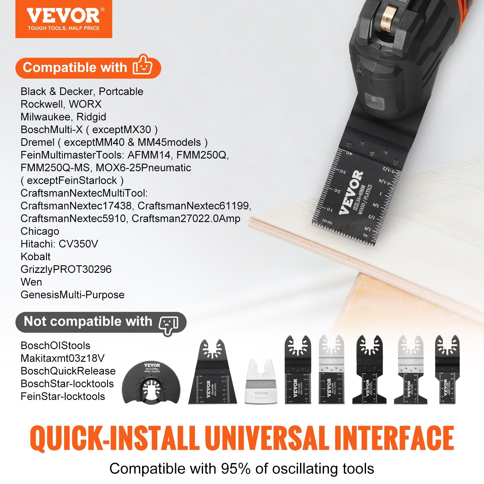 VEVOR 30PCS Multi Tool Blades Kits, Universal Quick Release Oscillating Saw Blades, 8 Types Wood Metal Plastic Oscillating Tool Blades, Fit Dewalt Bosch Milwaukee Hitachi Chicago Craftsman 