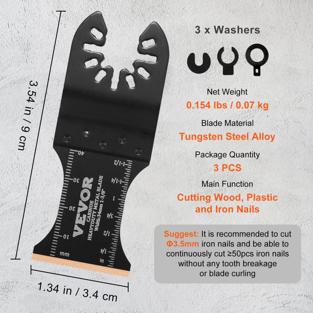 VEVOR 3PCS Carbide Oscillating Tool Blades, Universal Quick Release Oscillating Saw Blades, Multitool Tool Blades for Hard Material, Metal, Nails, Bolts, Fit Dewalt Milwaukee Hitachi Chicago 