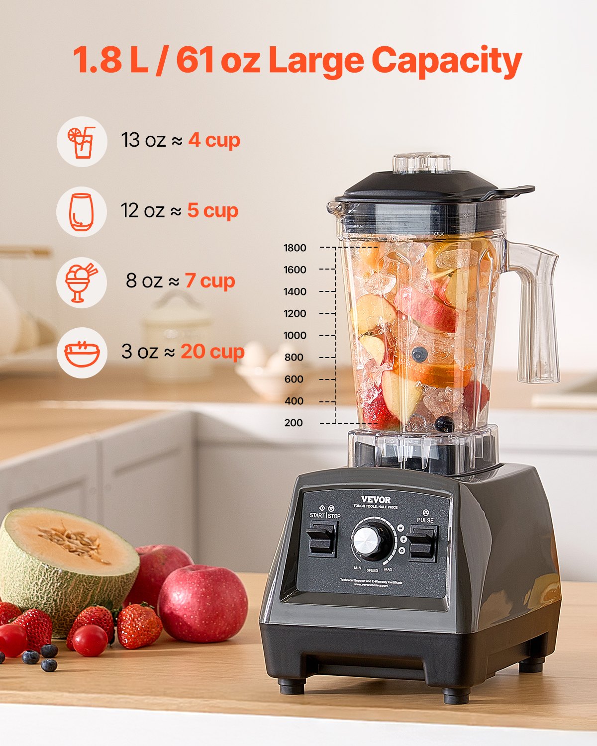 VEVOR 61 oz 1400W Blender for Smoothies Food Processing Blender for Kitchen 