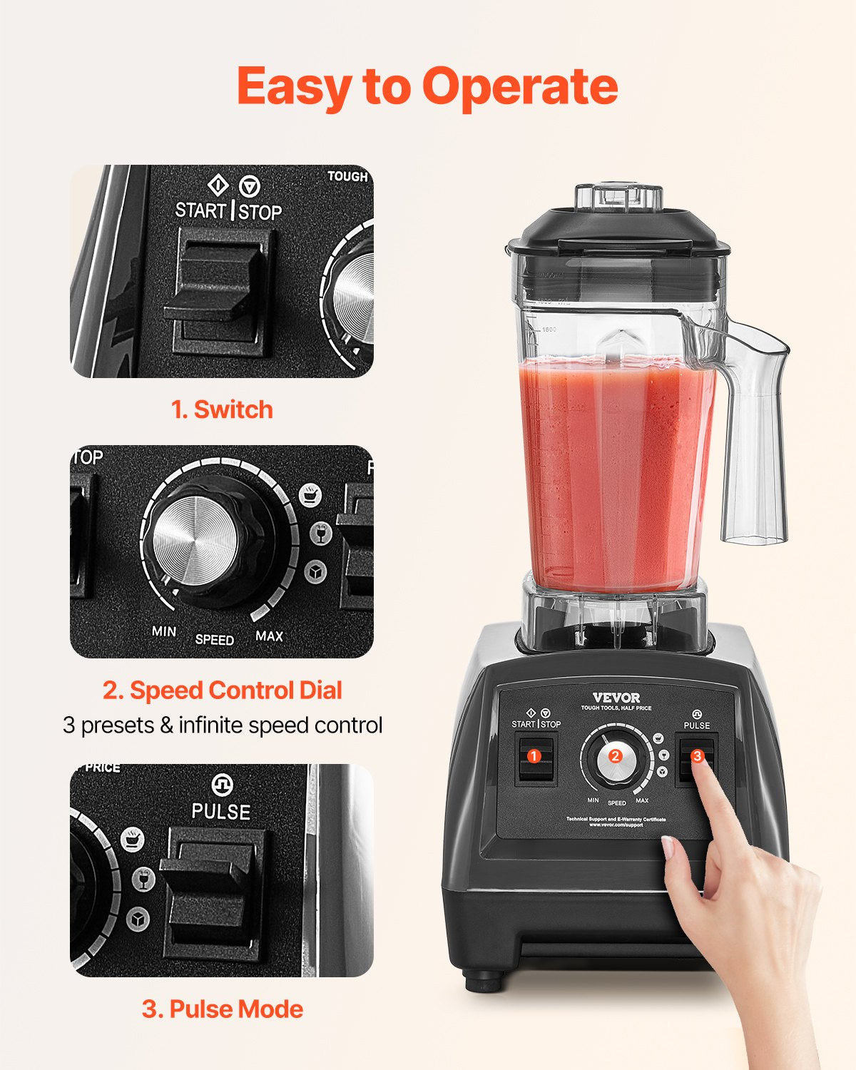VEVOR 61 oz 1400W Blender for Smoothies Food Processing Blender for Kitchen 