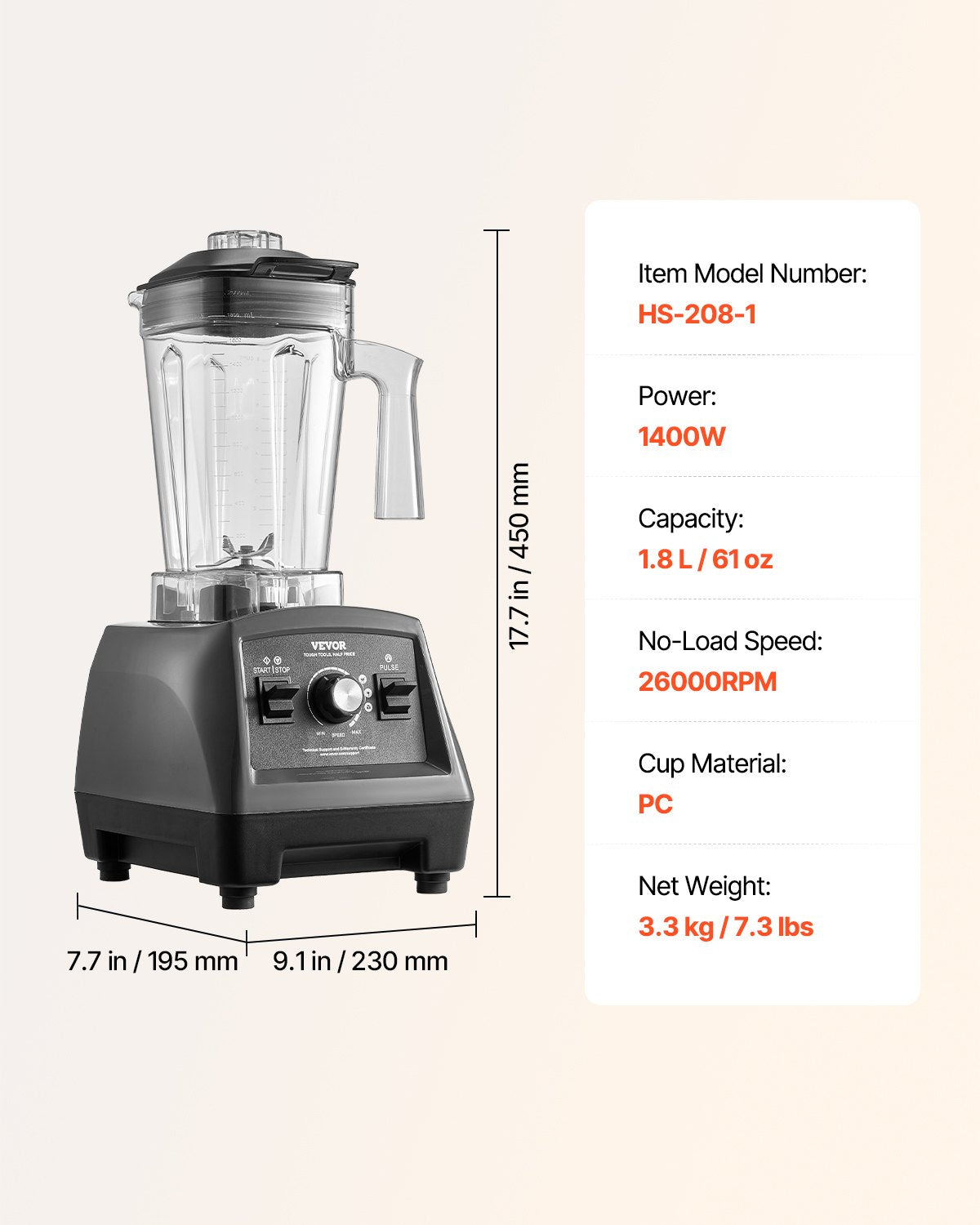 VEVOR 61 oz 1400W Blender for Smoothies Food Processing Blender for Kitchen 