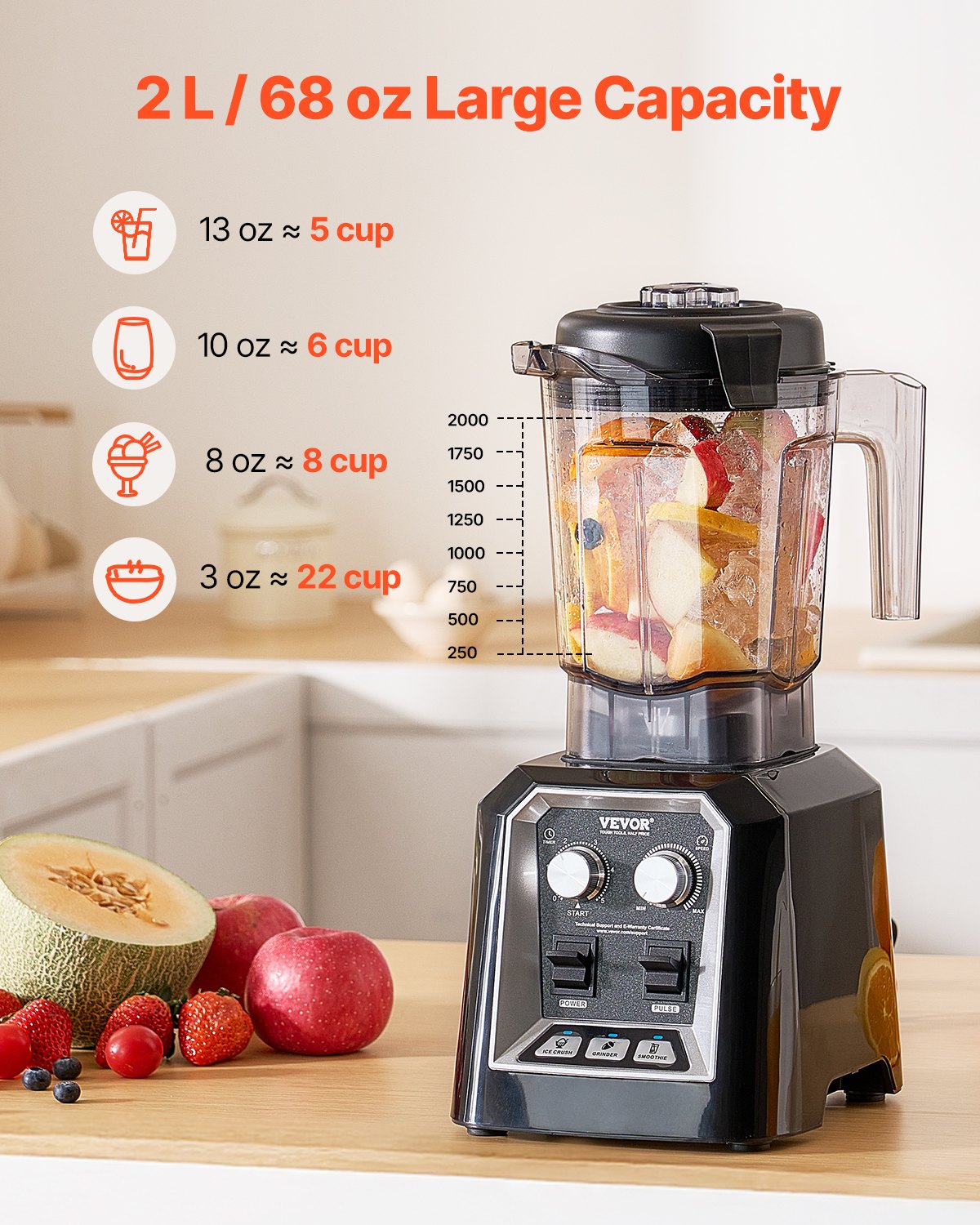VEVOR 68 oz 1400W Blender for Smoothies Food Processing Blender for Kitchen 