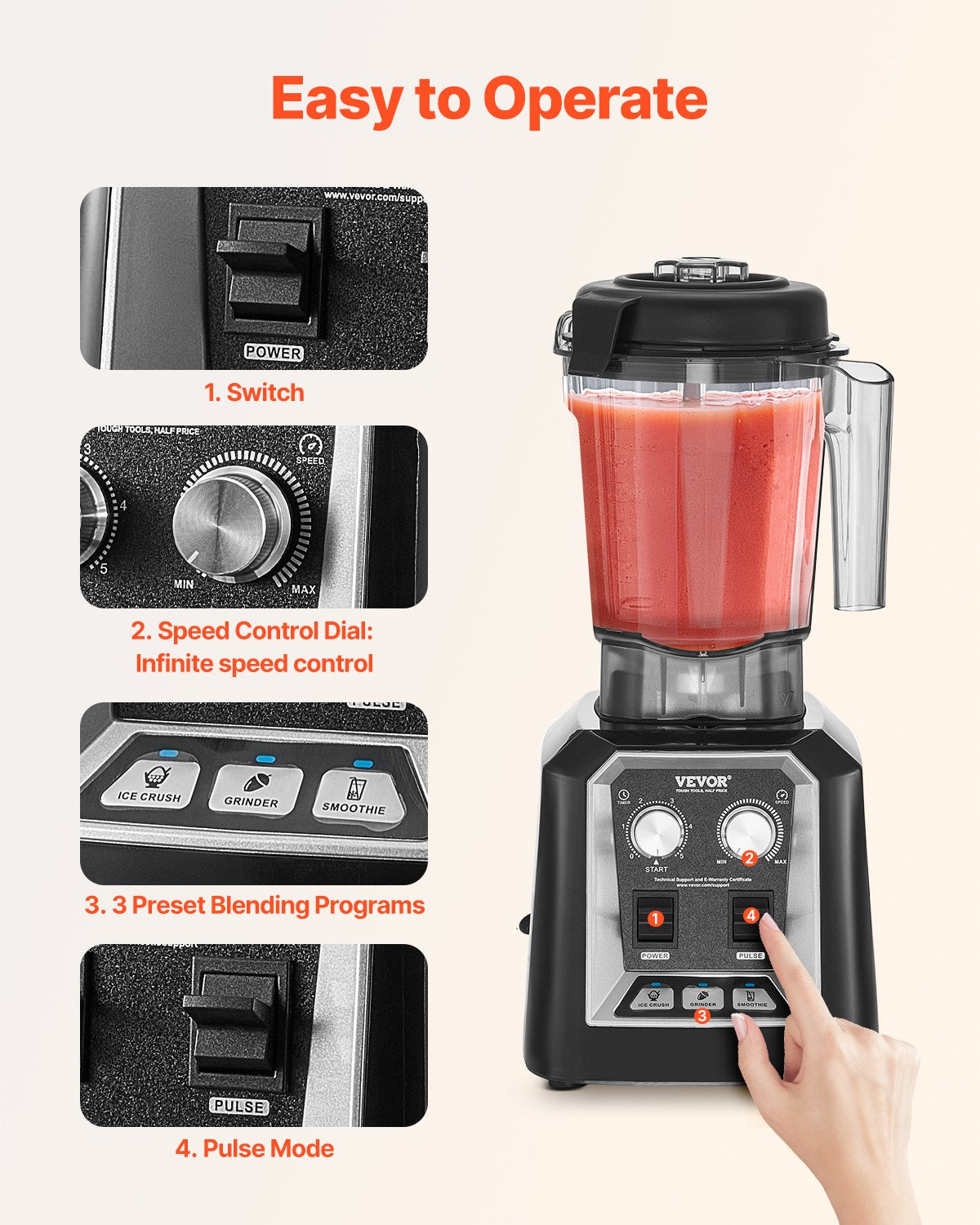 VEVOR 68 oz 1400W Blender for Smoothies Food Processing Blender for Kitchen 
