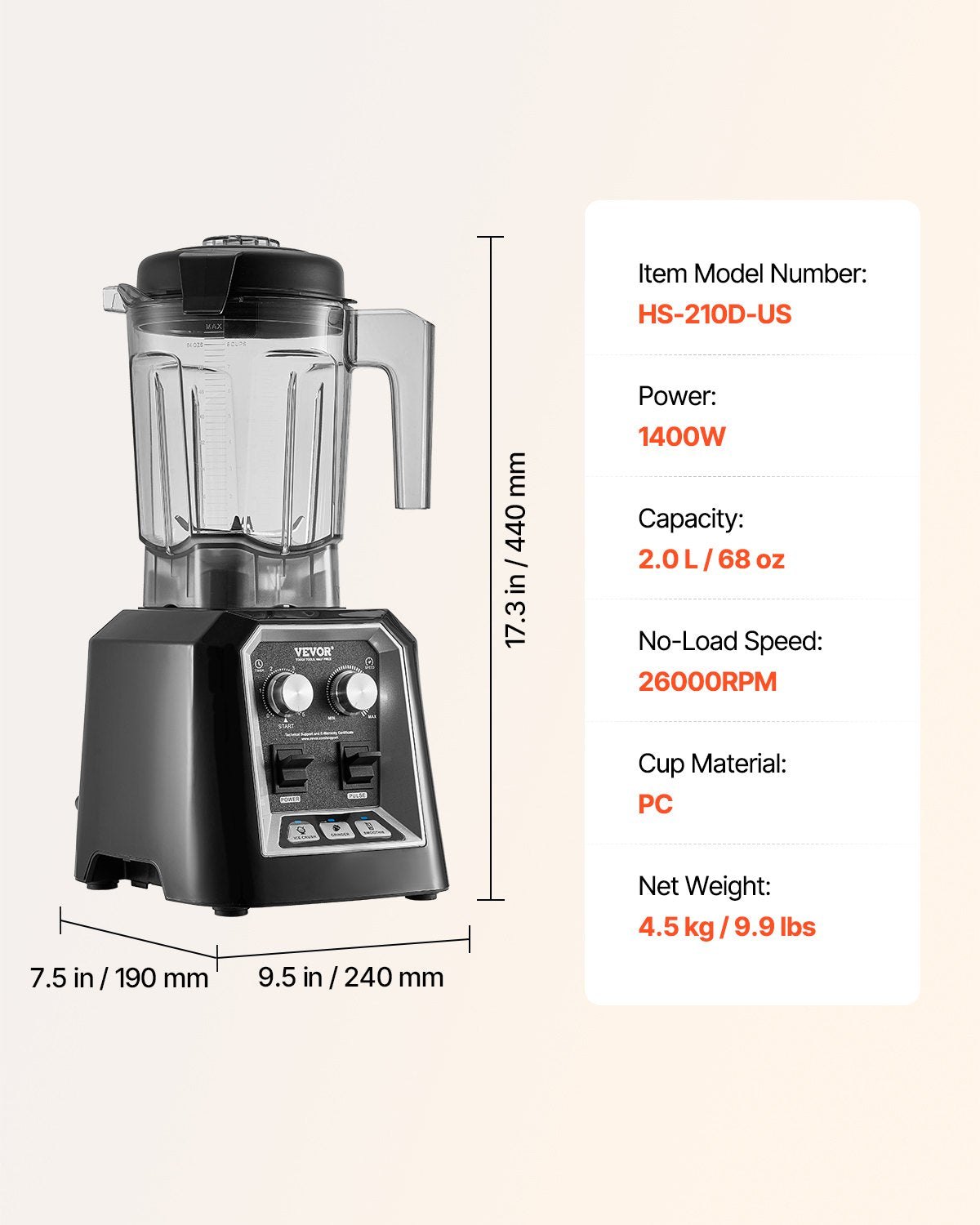 VEVOR 68 oz 1400W Blender for Smoothies Food Processing Blender for Kitchen 