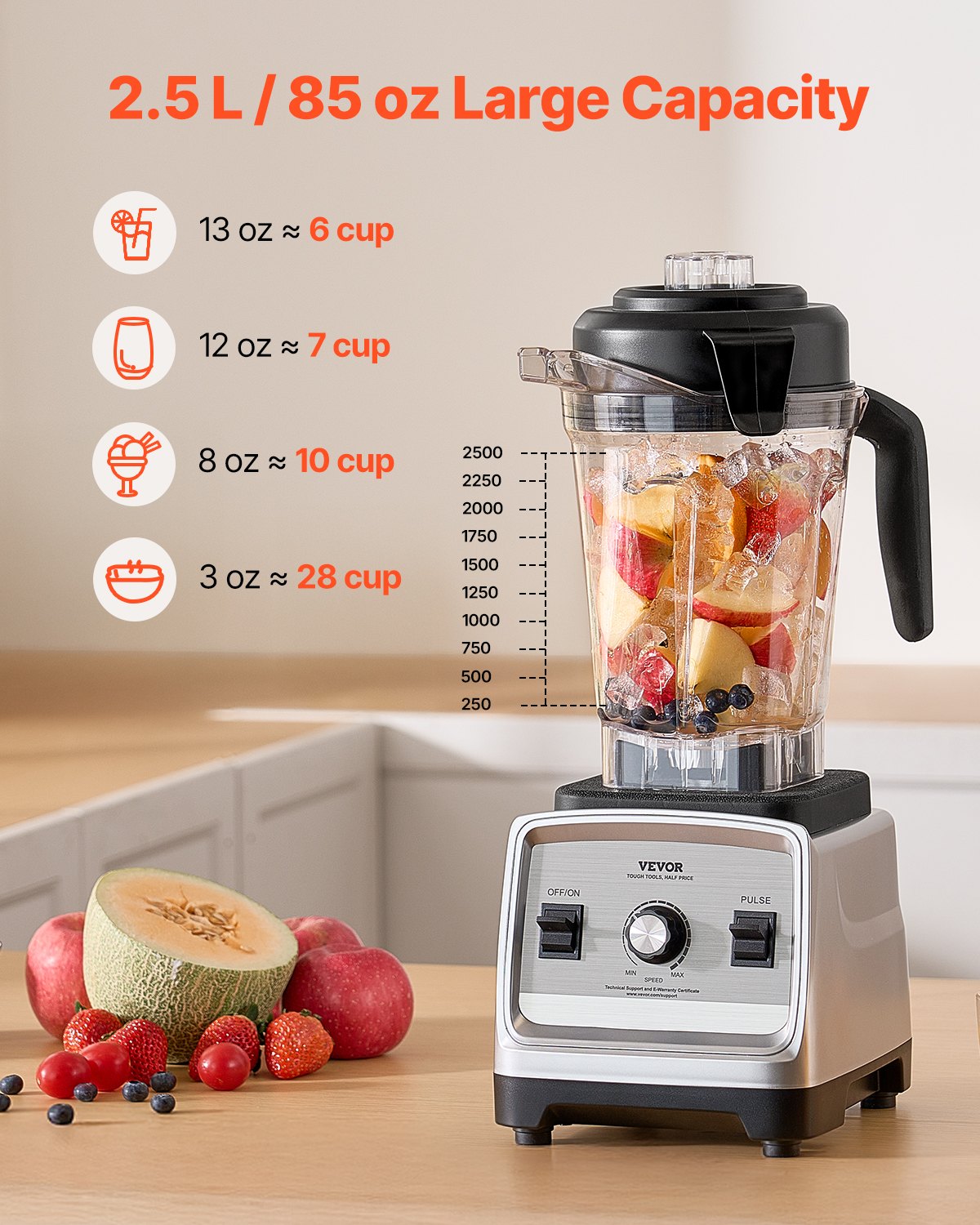 VEVOR 85 oz 1400W Blender for Smoothies Food Processing Blender for Kitchen 