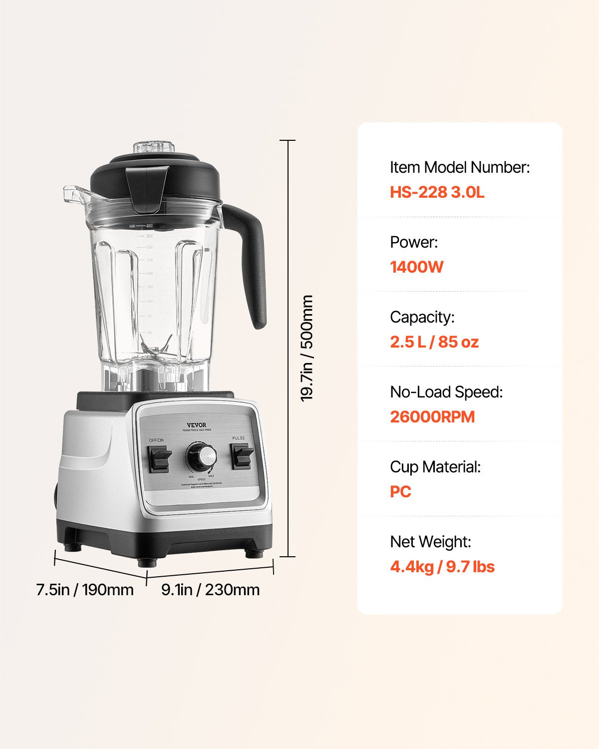 VEVOR 85 oz 1400W Blender for Smoothies Food Processing Blender for Kitchen 
