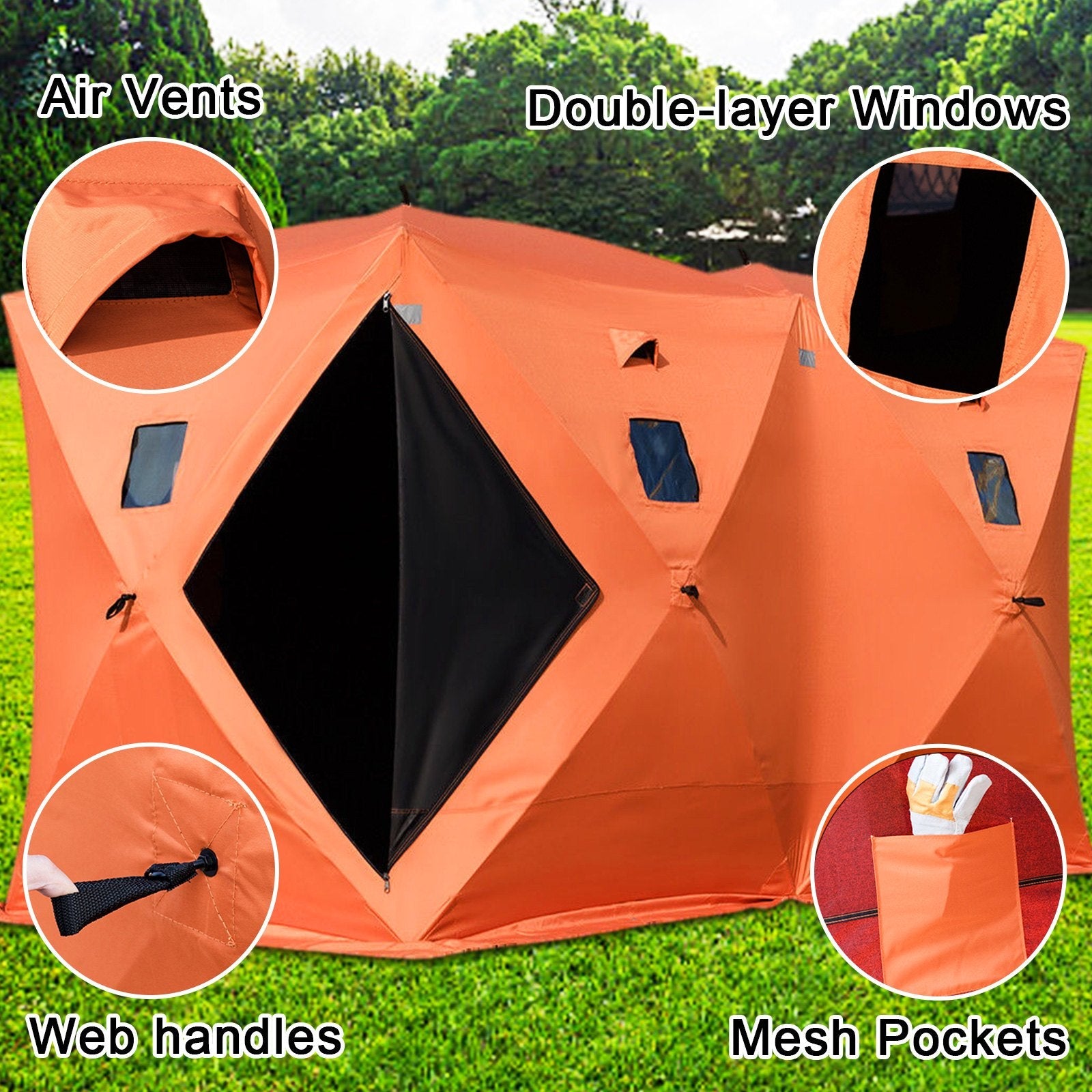 VEVOR 8 Person Ice Fishing Shelter Tent, 300D Oxford Fabric Portable Ice Shelter with Pop-up Pull Design, Strong Waterproof and Windproof Ice Fish Shelter for Outdoor Fishing, Orange 
