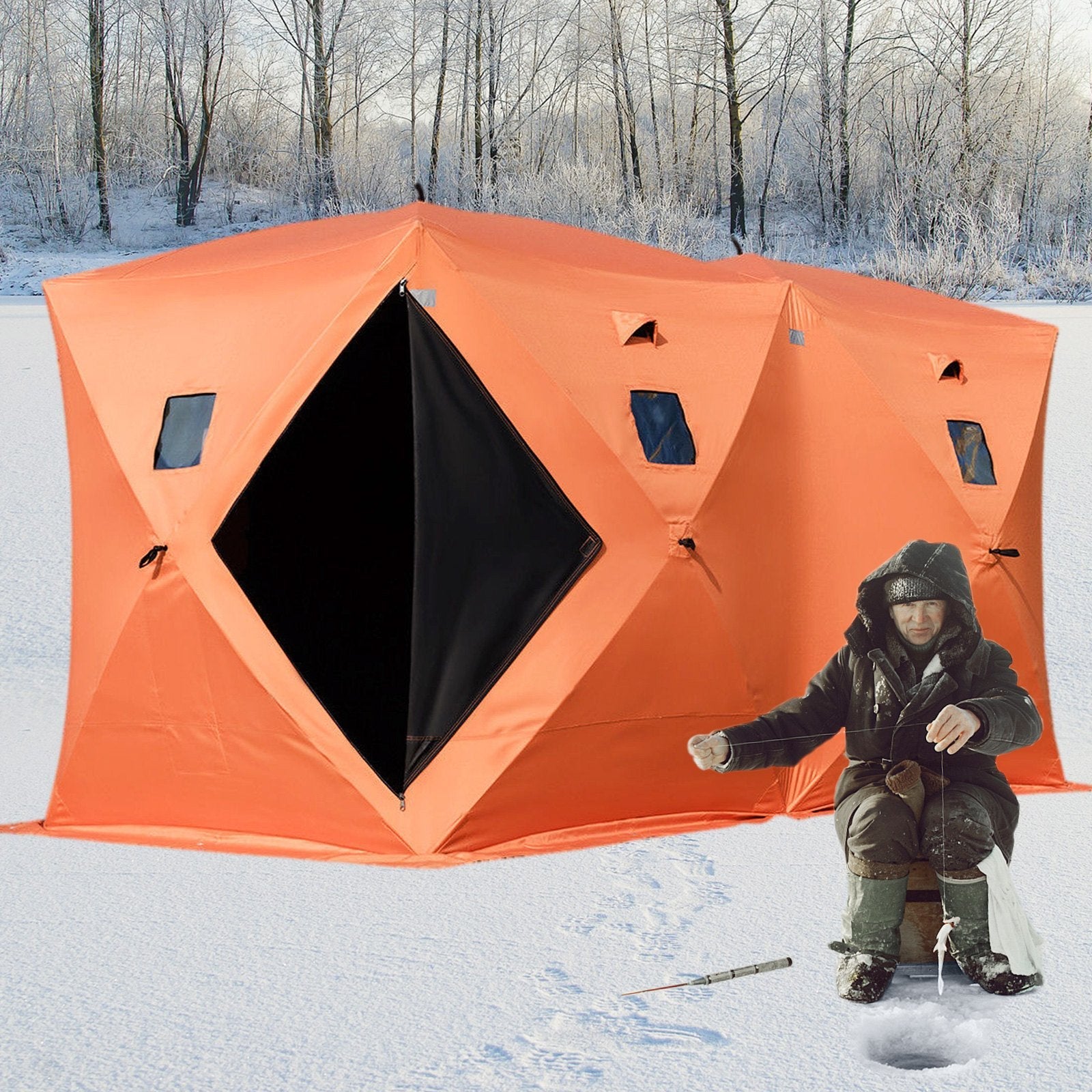 VEVOR 8 Person Ice Fishing Shelter Tent, 300D Oxford Fabric Portable Ice Shelter with Pop-up Pull Design, Strong Waterproof and Windproof Ice Fish Shelter for Outdoor Fishing, Orange 