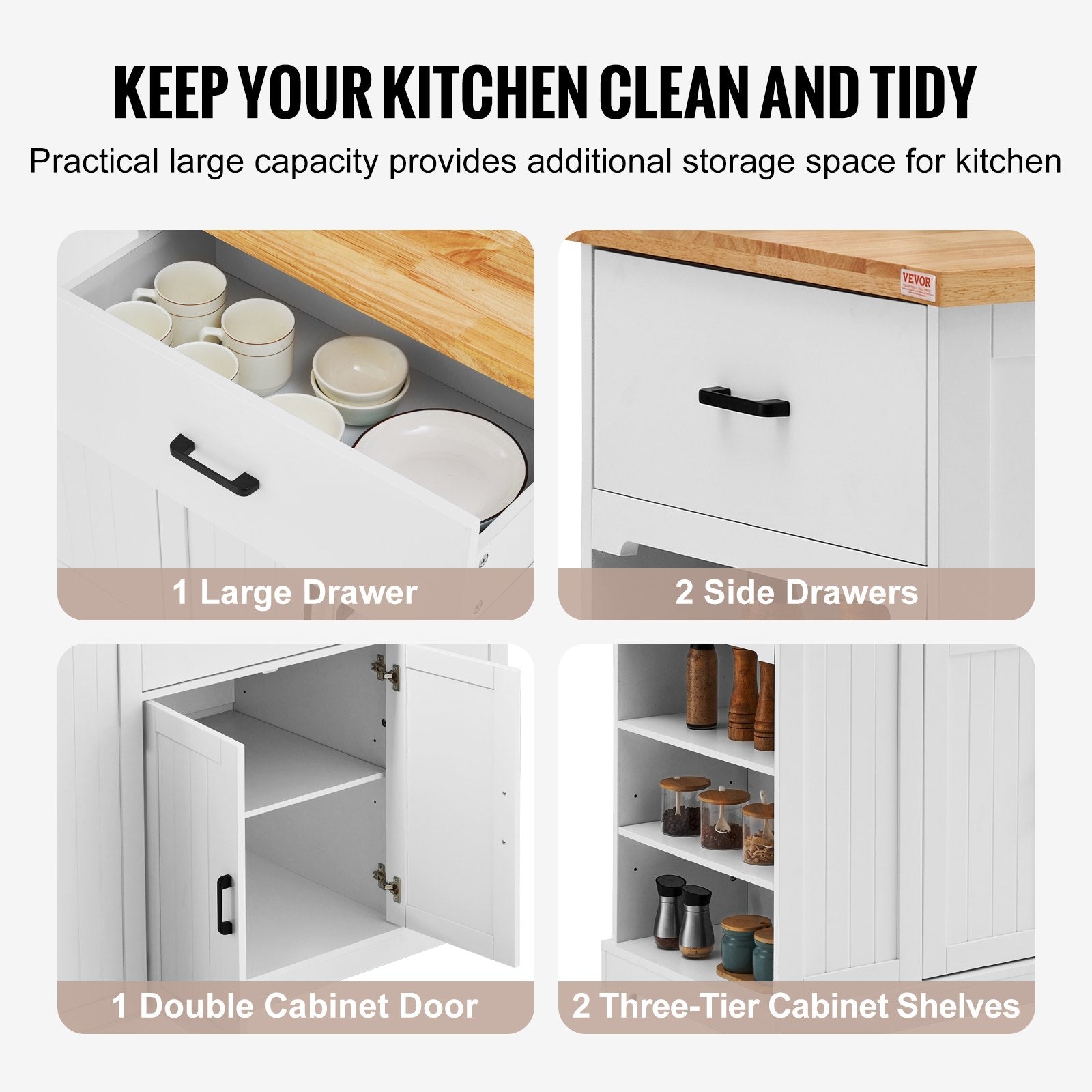 VEVOR Kitchen Island Cart Storage Cabinet Serving Cart with Drawer & Shelves 