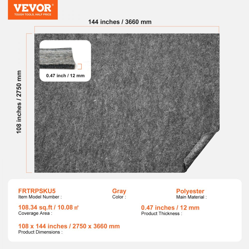 VEVOR Rug Pad Gripper 9' x 12' Protective Carpet Pad 0.47" Thick for All Floors 