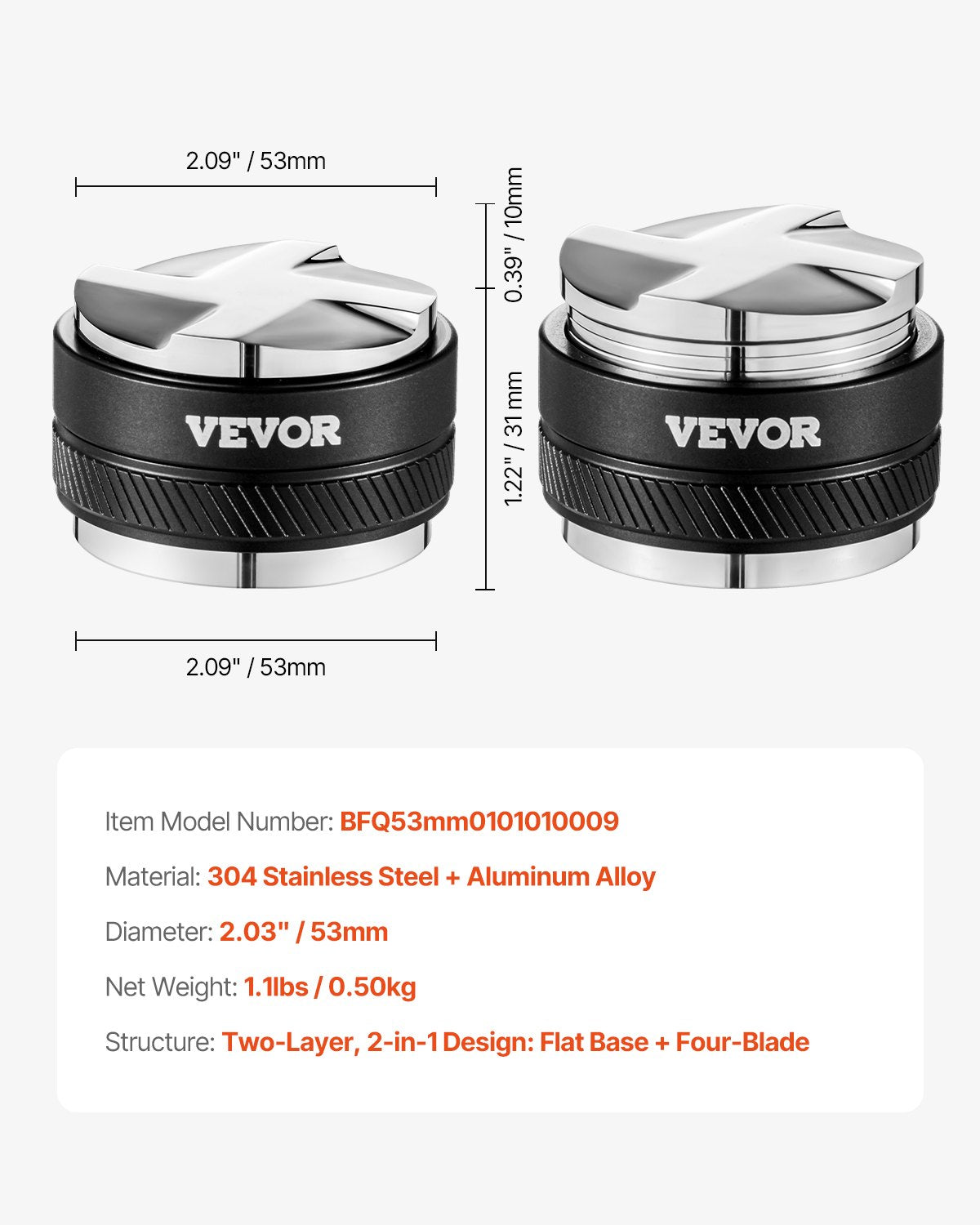 VEVOR 53mm Coffee Distributor 2-in-1 Adjustable Espresso Distributor for Home 