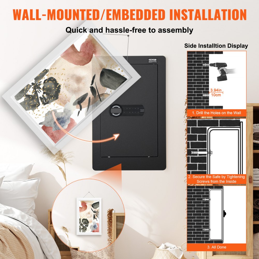 VEVOR 25.59" Tall Wall Safe 3-Tier Hidden Safe with Keypad Shelves & Key Holders 