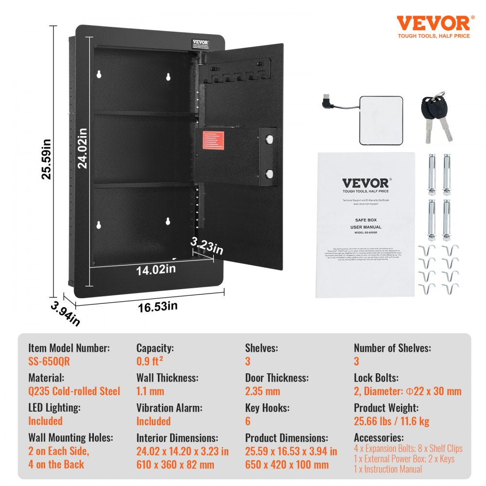 VEVOR 25.59" Tall Wall Safe 3-Tier Hidden Safe with Keypad Shelves & Key Holders 