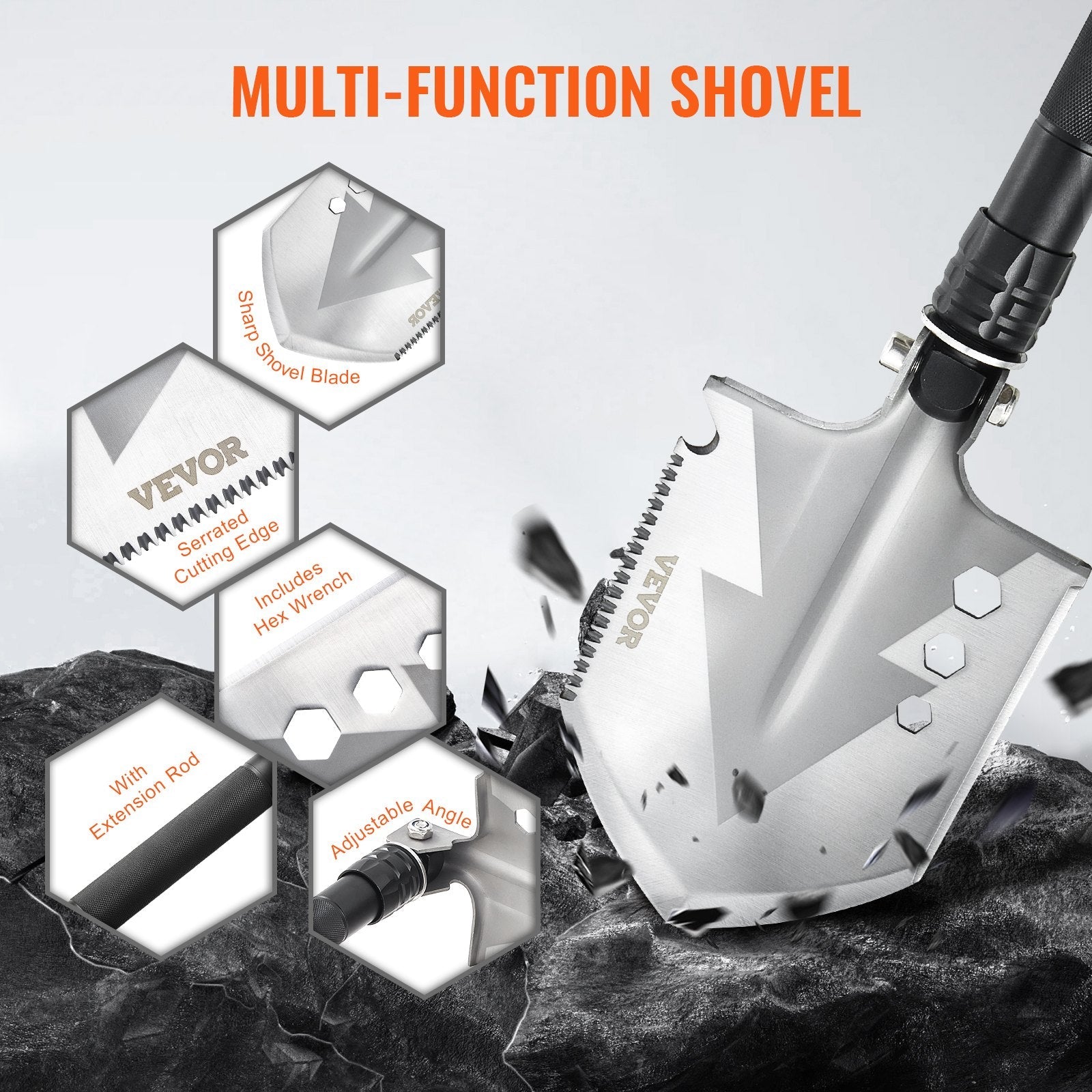VEVOR Survival Shovel 8 in 1 Camping Shovel Folding Multitool Portable Compact 