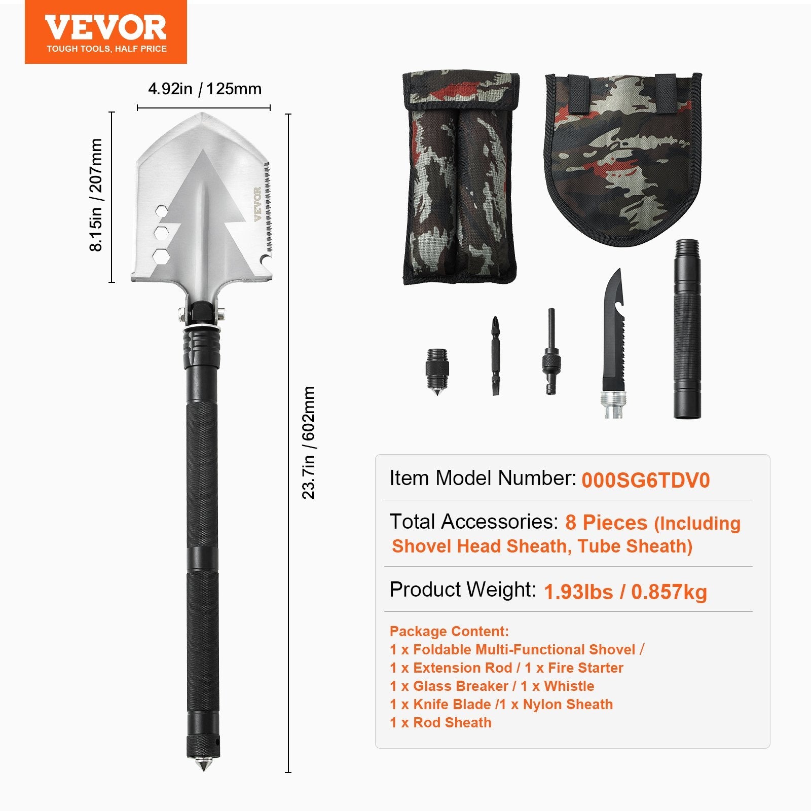 VEVOR Survival Shovel 8 in 1 Camping Shovel Folding Multitool Portable Compact 