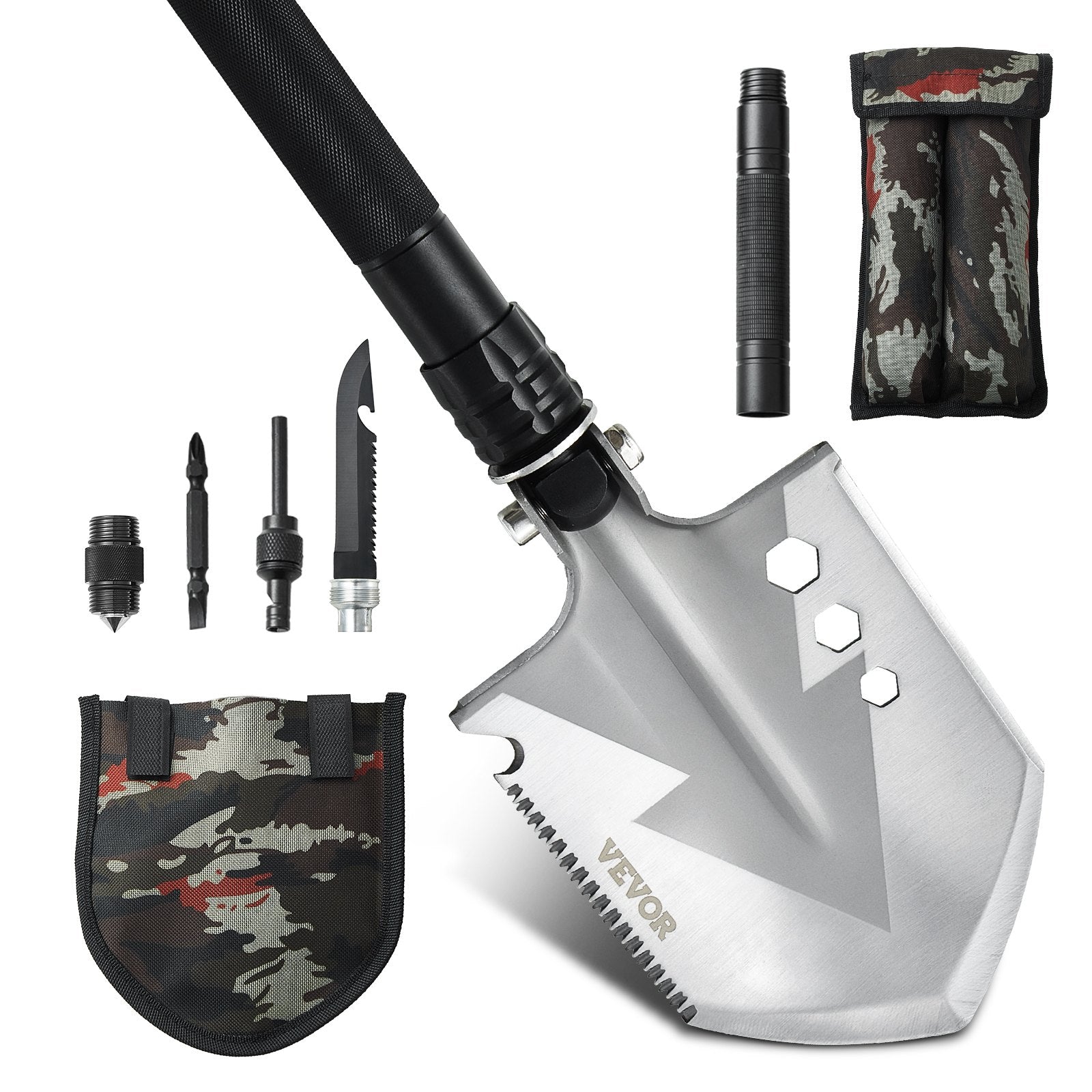 VEVOR Survival Shovel 8 in 1 Camping Shovel Folding Multitool Portable Compact 