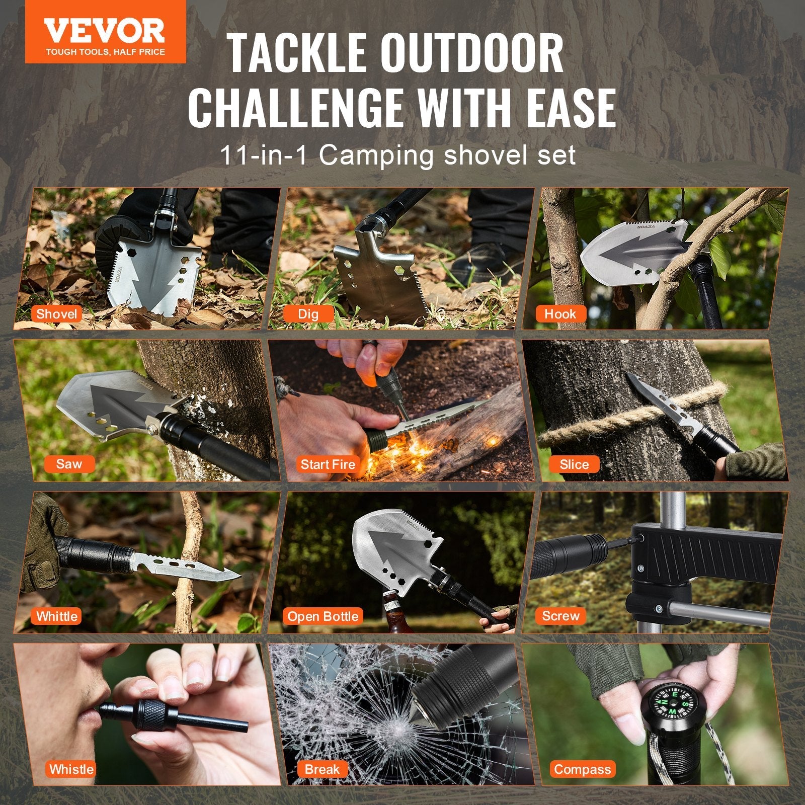 VEVOR Survival Shovel 11 in 1 Camping Shovel Folding Multitool Portable Compact 