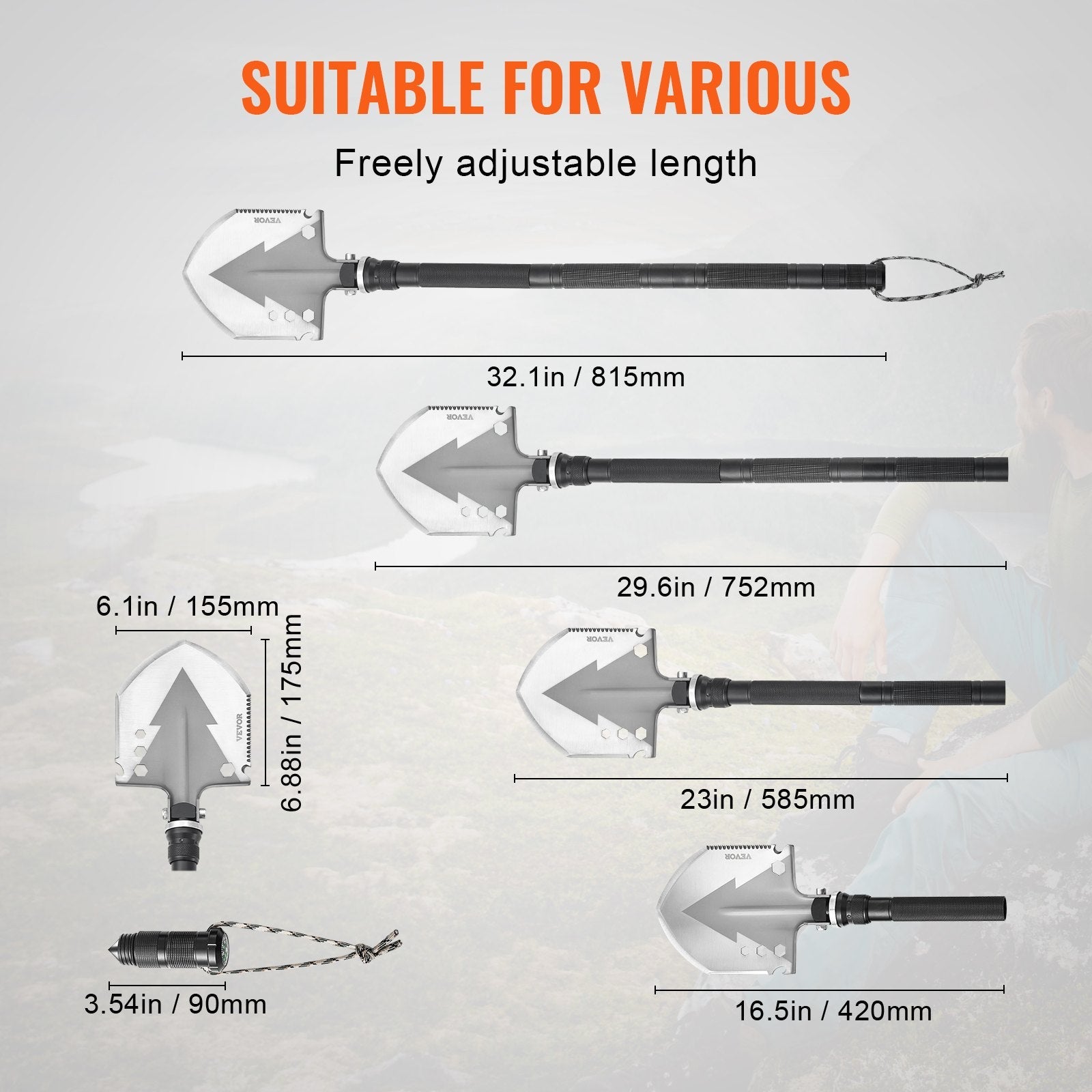 VEVOR Survival Shovel 11 in 1 Camping Shovel Folding Multitool Portable Compact 