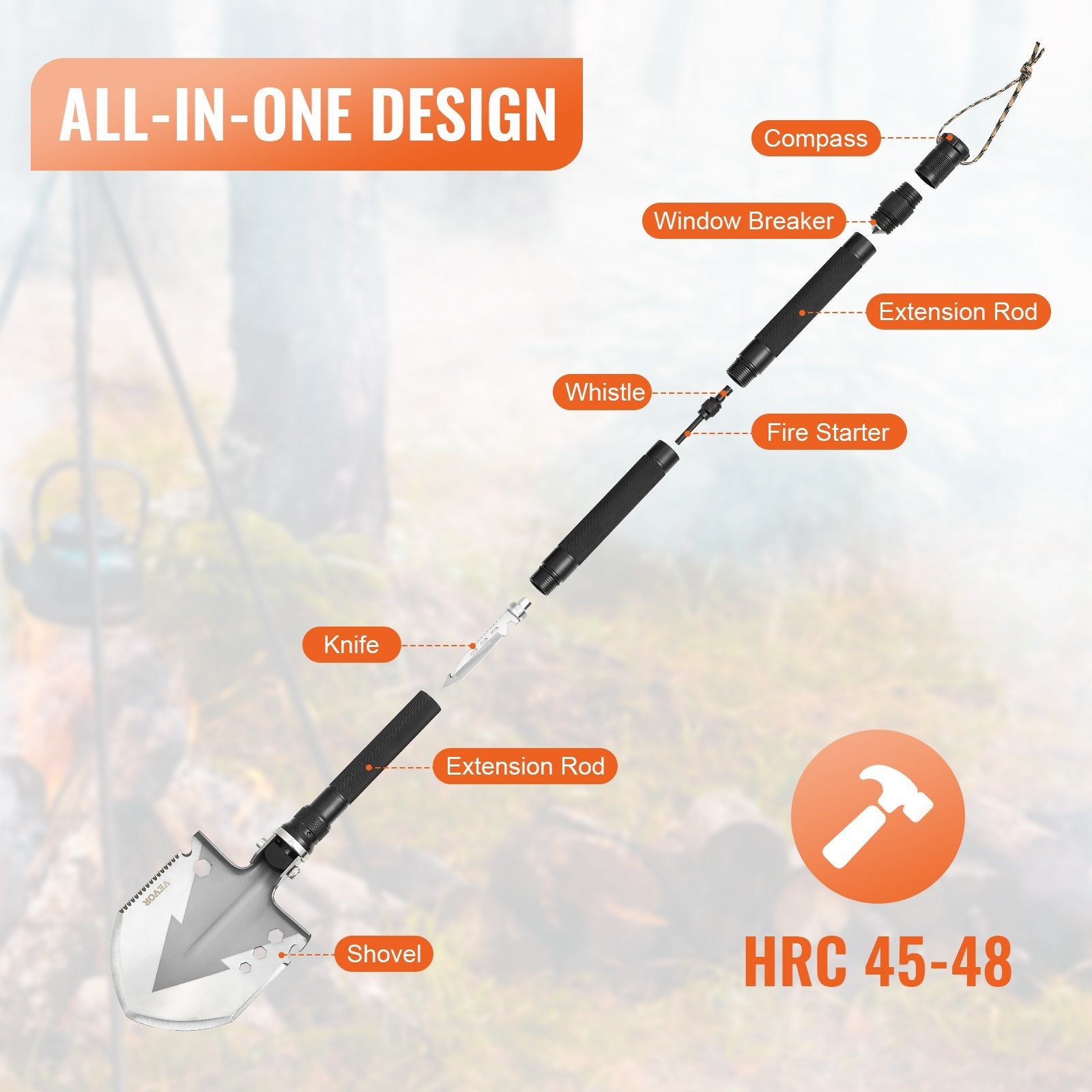 VEVOR Survival Shovel 11 in 1 Camping Shovel Folding Multitool Portable Compact 