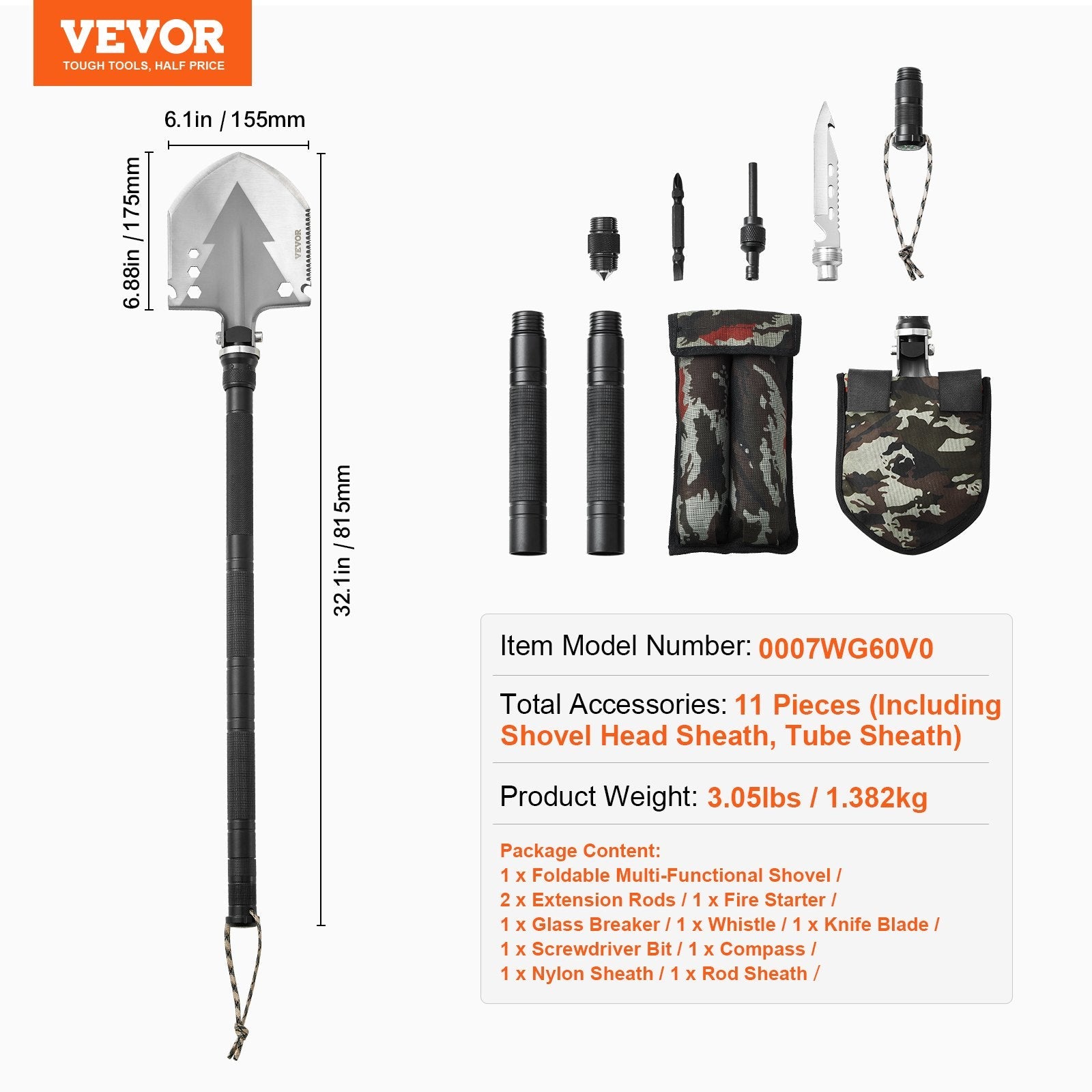 VEVOR Survival Shovel 11 in 1 Camping Shovel Folding Multitool Portable Compact 