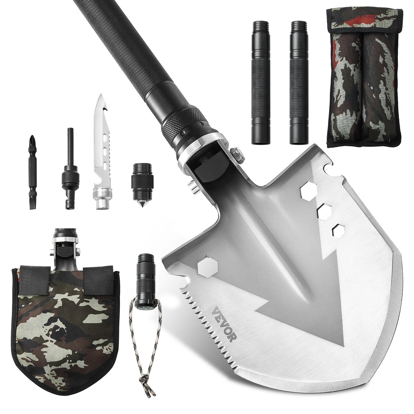 VEVOR Survival Shovel 11 in 1 Camping Shovel Folding Multitool Portable Compact 