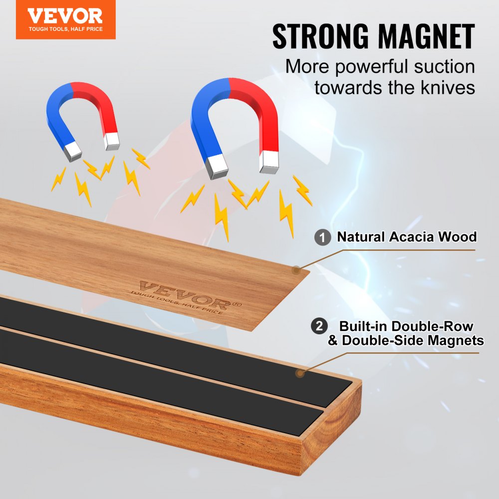 VEVOR Magnetic Knife Holder with Enhanced Strong Magnet, 16" No Drilling Knife Strips Organizer for Wall, Multifunctional Storage Acacia Wood Knives Rack, Knife Bar for Kitchen Knives, Utensils, Tools 