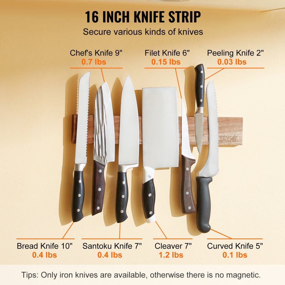 VEVOR Magnetic Knife Holder with Enhanced Strong Magnet, 16" No Drilling Knife Strips Organizer for Wall, Multifunctional Storage Acacia Wood Knives Rack, Knife Bar for Kitchen Knives, Utensils, Tools 