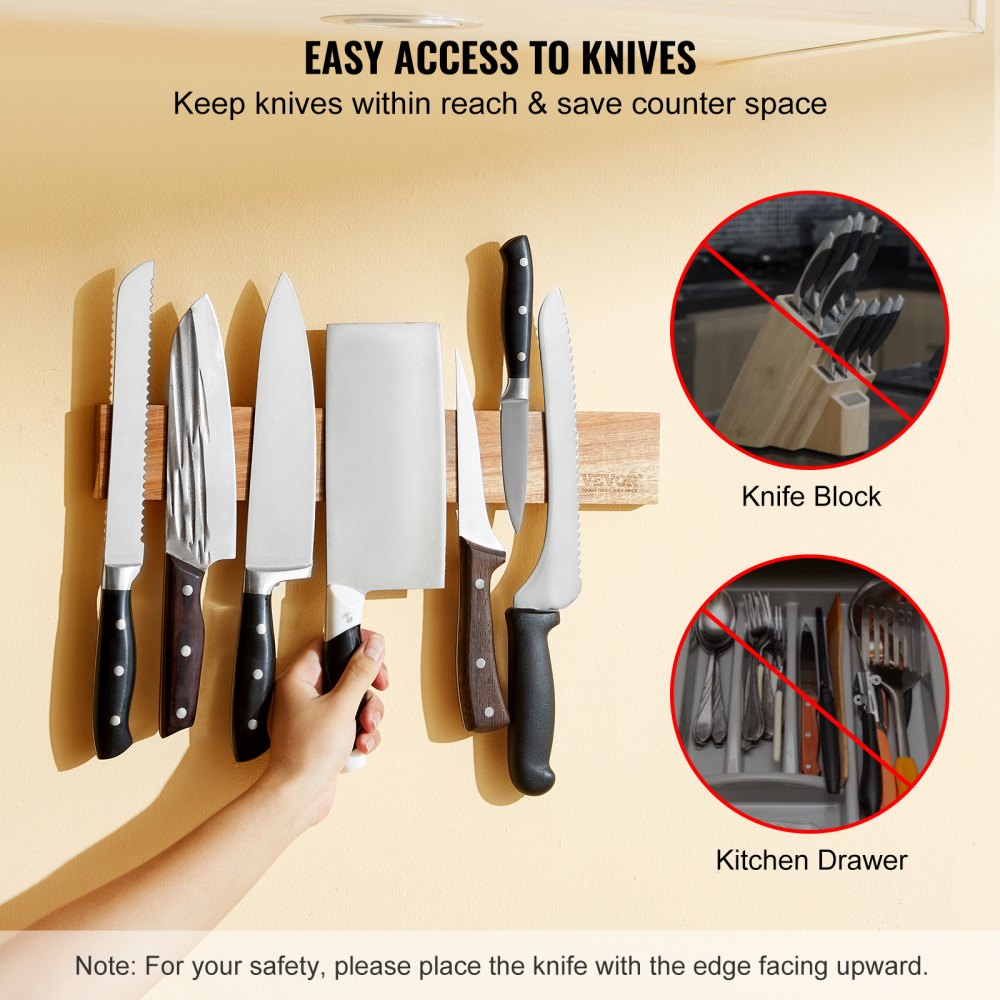 VEVOR Magnetic Knife Holder with Enhanced Strong Magnet, 16" No Drilling Knife Strips Organizer for Wall, Multifunctional Storage Acacia Wood Knives Rack, Knife Bar for Kitchen Knives, Utensils, Tools 