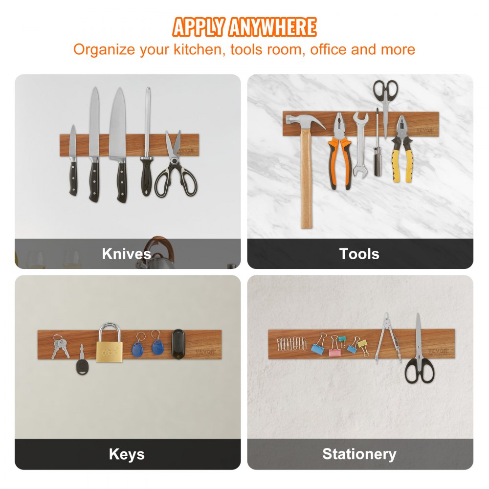 VEVOR Magnetic Knife Holder with Enhanced Strong Magnet, 16" No Drilling Knife Strips Organizer for Wall, Multifunctional Storage Acacia Wood Knives Rack, Knife Bar for Kitchen Knives, Utensils, Tools 